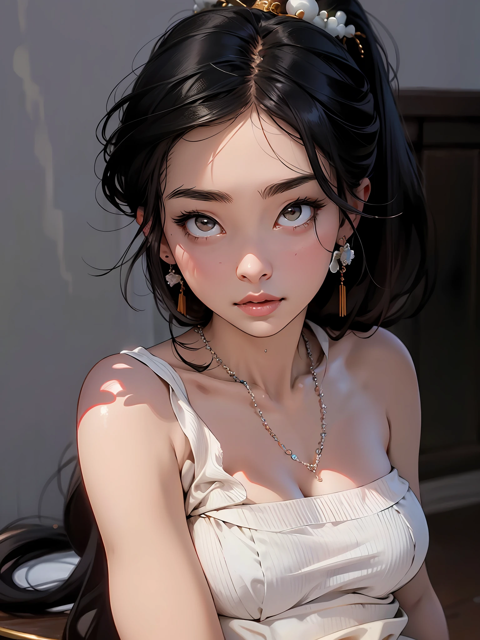 there is a woman with a necklace and a necklace on her neck, xintong chen, wenfei ye, chengyou liu, young cute wan asian face, Lin Qifeng, Yoshitomo Nara, xision wu, chiho, dilraba dilmurat, xue han, ulzzangs, yanjun cheng
