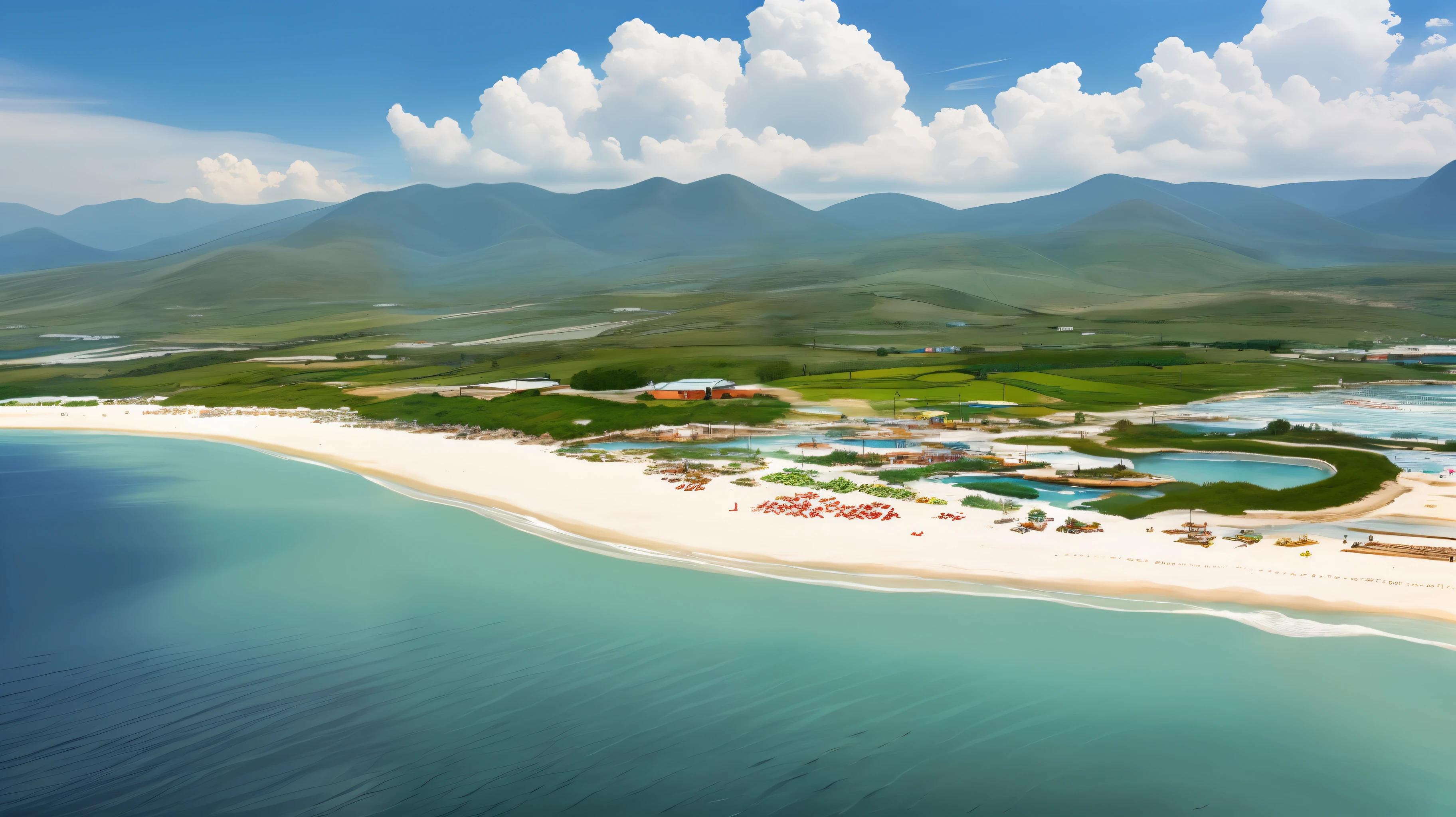 A high-resolution photograph of a vibrant Cuban coastal landscape. La imagen muestra una playa tropical de arena blanca bordeada de palmeras, con aguas color turquesa. geographical".