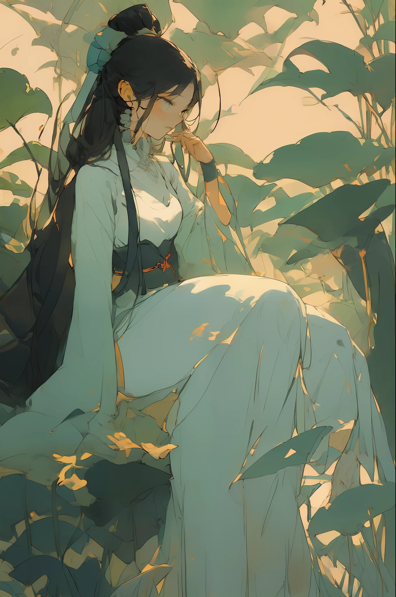 An ancient Chinese beauty sitting on a stone, wearing ancient Chinese clothing, flowing tulle, light silk, lazy posture, large lotus leaf, lotus, ink painting style, clean color, decisive cutting, blank, freehand, masterpiece, super detailed, epic composition, high quality, the highest quality, 4k --v 6