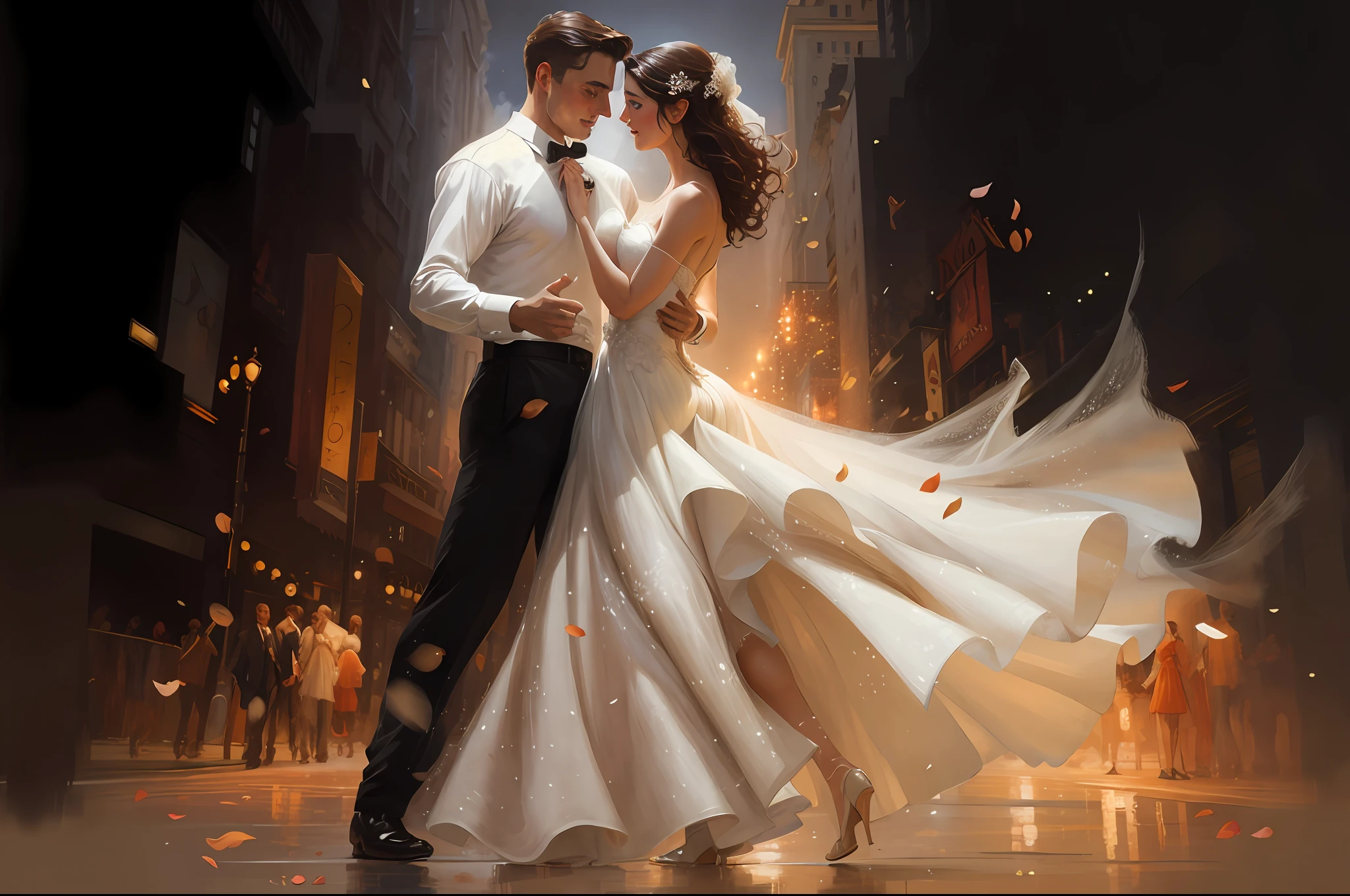 A painting of a couple in a wedding dress dancing in the city, romanticism painting, in style of steve henderson,, Elegant digital oil painting , beautiful art, Dance gracefully on you, dancing with each other