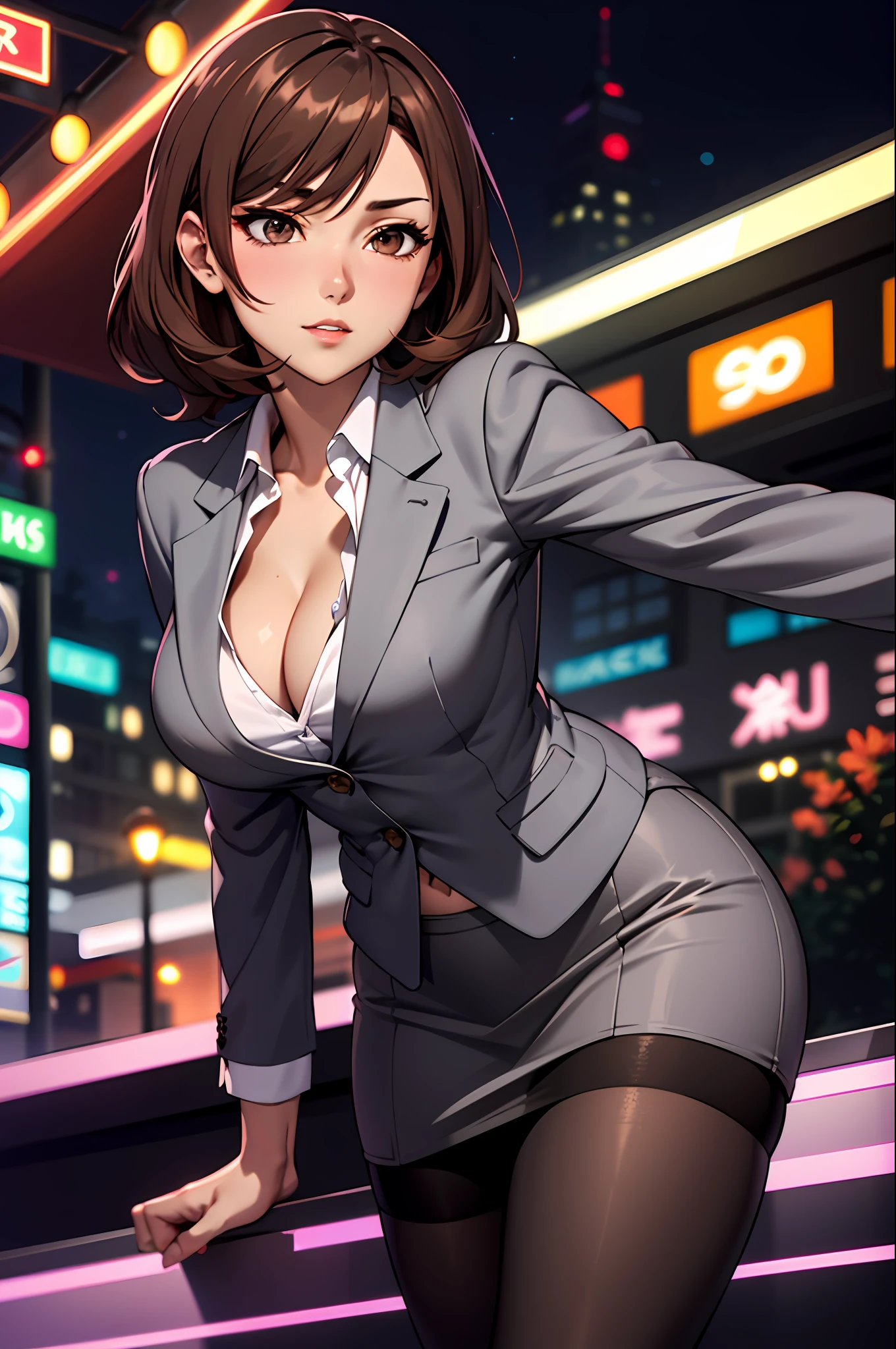 Bewitching anime busty woman in gray blazer suit and tight skirt、Black tights,Inviting look、Show off your chest、Shirt and brown hair,Ecchi anime style, bending forward,Kamimei,Red Light District at Night,neons、Bokeh in the background