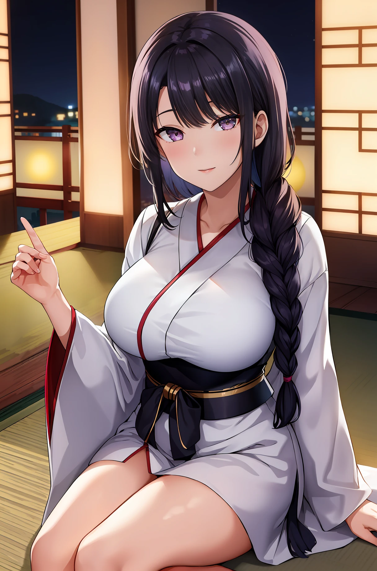 (Night:1.7), east asian architecture,
sitting at attention,sitting on Tatami,
White_kimono,
black_hair, long_hair, hair_pulled_back,parted_lips,purple_eyes, braid,
1 girl, Manga,20yo,mature female,Beautiful Finger,Beautiful long legs,Beautiful body,Beautiful Nose,Beautiful character design, perfect eyes, perfect face,
looking at viewer,(innocent_big_eyes:1.0),(Light_smile:1.0),
official art,extremely detailed CG unity 8k wallpaper, perfect lighting,Colorful, Bright_Front_face_Lighting,
(masterpiece:1.0),(best_quality:1.0), ultra high res,4K,ultra-detailed,
photography, 8K, HDR, highres, absurdres:1.2, Kodak portra 400, film grain, blurry background, bokeh:1.2, lens flare, (vibrant_color:1.2)
(Beautiful,large_Breasts:1.4), (beautiful_face:1.5),(narrow_waist),