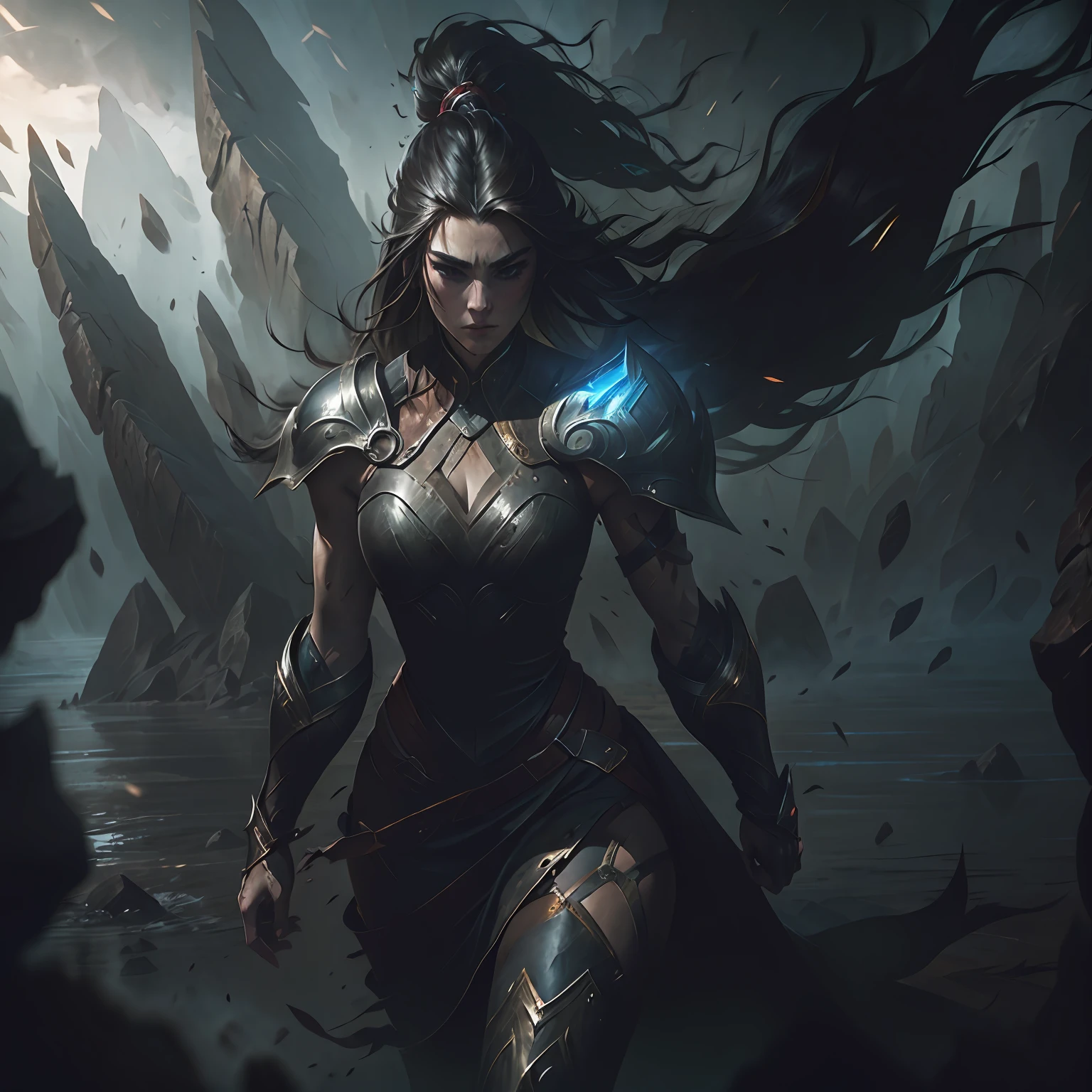 A heroic female warrior stands in a dark fantasy landscape, her worn-out leather outfit and long hair billowing in the wind. Her dynamic posture and intricate details are illuminated by a faint moonlight. --auto