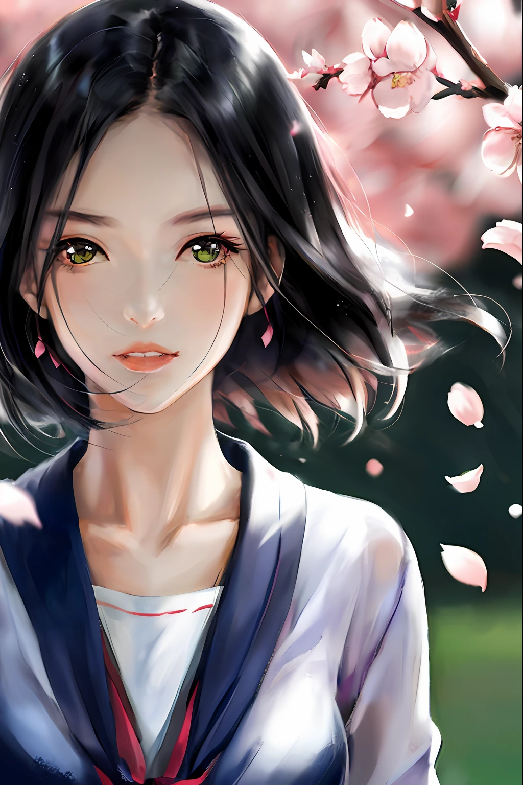 Portrait of a beautiful woman, japanese school girl, school uniform, ribbon, Short hair, Black hair, A half body, view the viewer, Cherry pink lips, SakuraNS, petals, Wind
