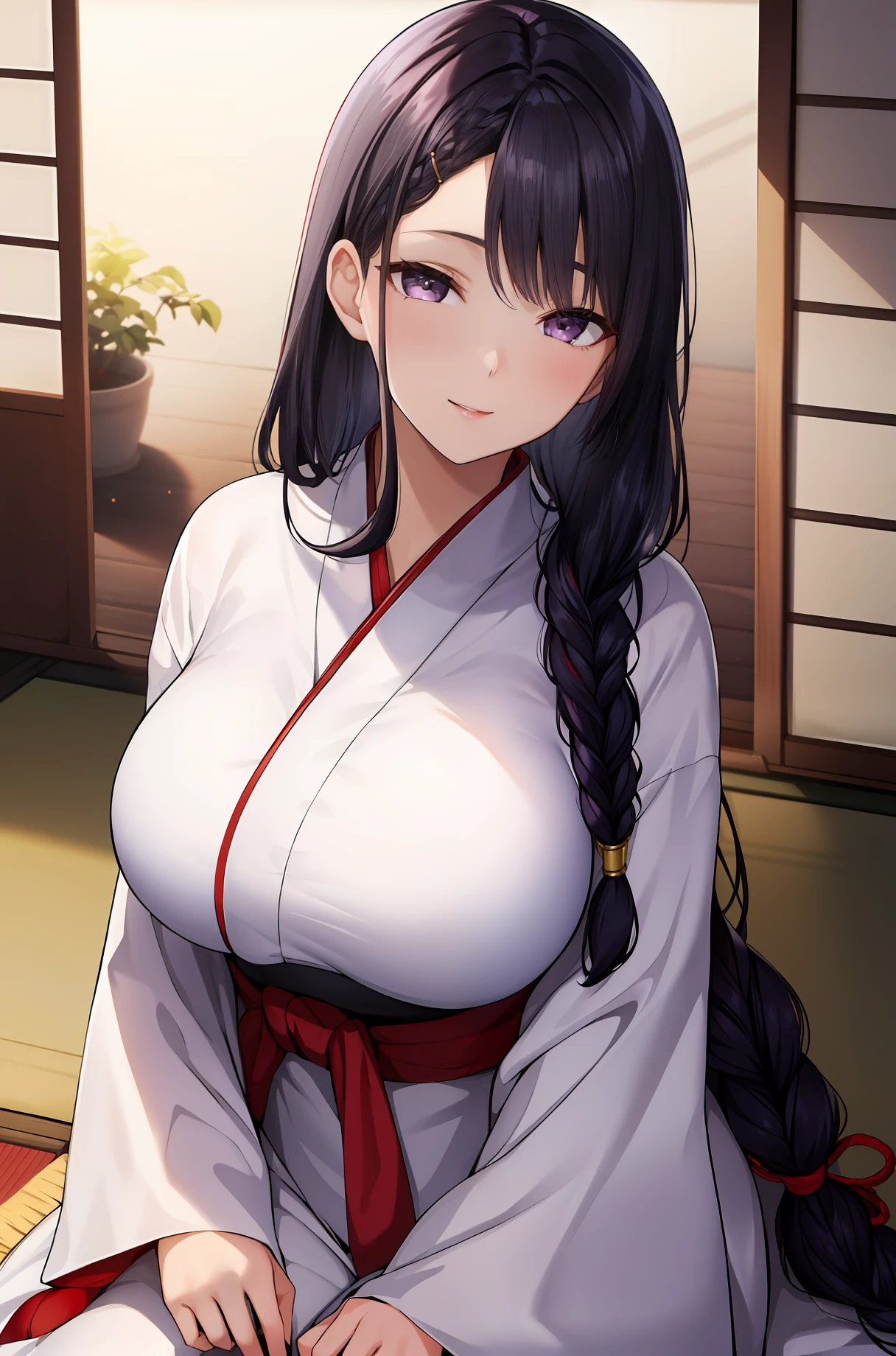 (Night:1.7), East Asian Architecture, Sit with attention, sit on tatami mats, White_kimono, black_hair, long_hair, hair_pulled_back, parted_lips, purple_eyes, braided, 1 girl, manga, 20 years old,, beautiful fingers, beautiful long legs, beautiful body, beautiful nose, beautiful character design, Perfect eyes, perfect face, Looking at the viewer, (innocent_big_eyes:1.0),(Light_smile:1.0), Official art, highly detailed CG Unity 8k wallpaper, perfect lighting, colorful, Bright_Front_face_Lighting, (Masterpiece: 1.0), (best_quality:1.0), Ultra High Resolution, 4K, Super Detail, Photography, 8K, HDR, High Resolution, Absurdity: 1.2, Kodak Portra 400, Film Grain, Blurry Background, Bokeh: 1.2, Lens Flare, (vibrant_color:1.2) (Beautiful,large_Breasts:1.4), (beautiful_face:1.5),(narrow_waist),