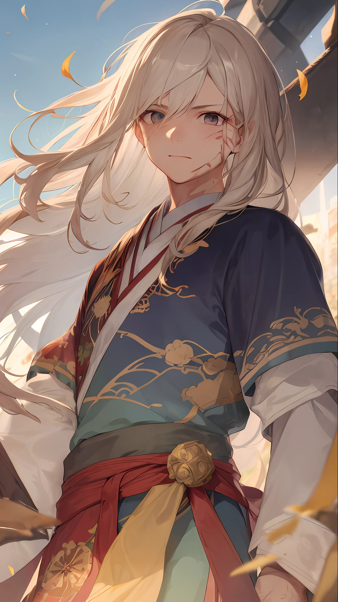 A man and a woman were injured，The man transmits internal force luck to heal the injury，Injured face，Gorgeous light gauze Hanfu，texture detail，suns，Wind surrounds，Motion blur background，looks into camera，brightly，in a panoramic view，8K，Third Person View，super detailing，tmasterpiece，best qualtiy