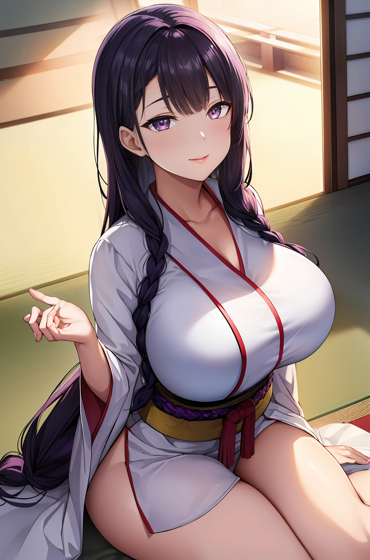 (Night:1.7), East Asian Architecture, Sit with attention, sit on tatami mats, White_kimono, black_hair, long_hair, hair_pulled_back, parted_lips, purple_eyes, braided, 1 girl, manga, 20 years old,, beautiful fingers, beautiful long legs, beautiful body, beautiful nose, beautiful character design, Perfect eyes, perfect face, Looking at the viewer, (innocent_big_eyes:1.0),(Light_smile:1.0), Official art, highly detailed CG Unity 8k wallpaper, perfect lighting, colorful, Bright_Front_face_Lighting, (Masterpiece: 1.0), (best_quality:1.0), Ultra High Resolution, 4K, Super Detail, Photography, 8K, HDR, High Resolution, Absurdity: 1.2, Kodak Portra 400, Film Grain, Blurry Background, Bokeh: 1.2, Lens Flare, (vibrant_color:1.2) (Beautiful,large_Breasts:1.4), (beautiful_face:1.5),(narrow_waist),