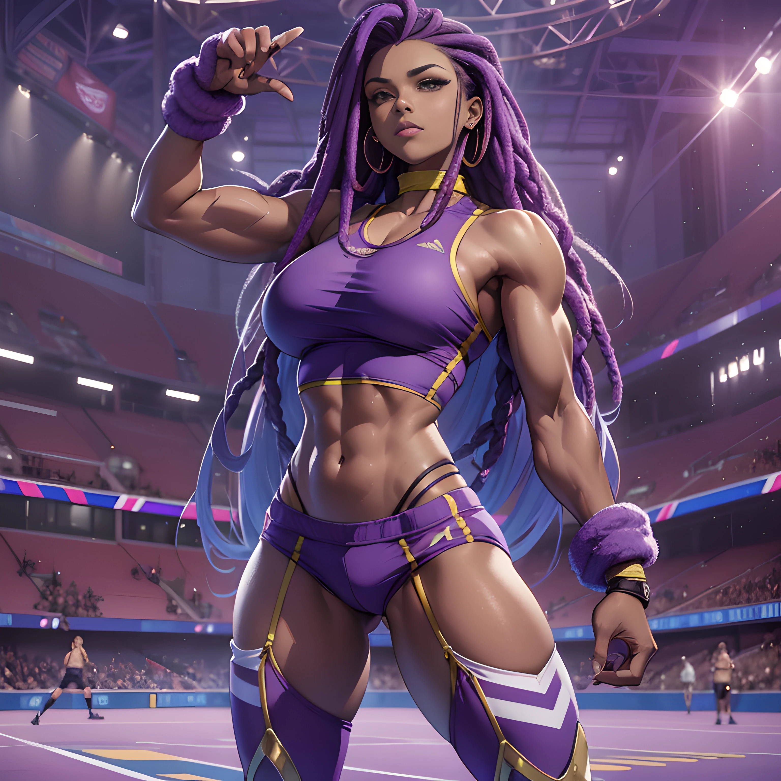 (perfect anatomy), (sports body), (big breastes), (thick-thighs), (perfect arms), (tracksuit ), Pointed bracelets, looking a viewer, (Medium full-frame photography), (Background of the battle arena), (purple dreadlocks)