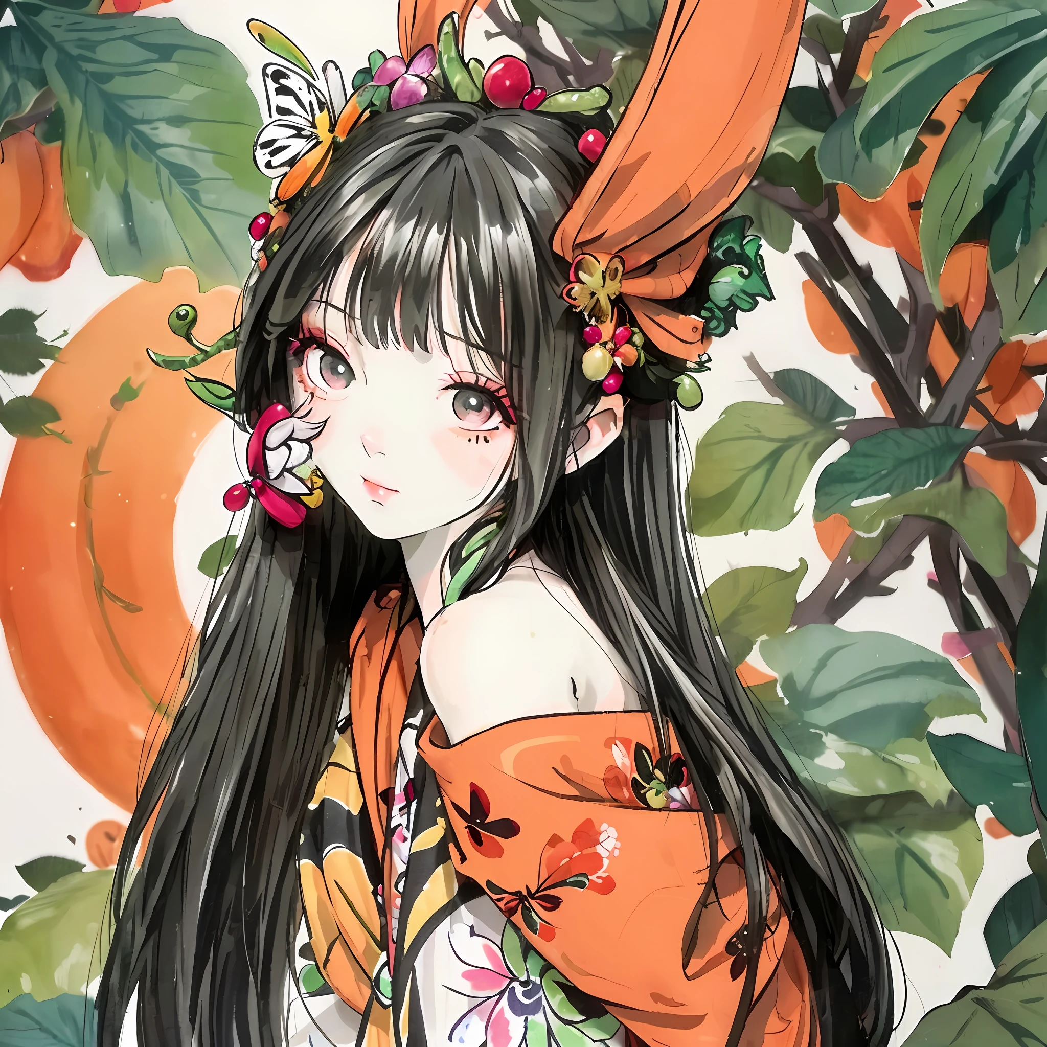 1girl, flower, solo, orange_background, bird, butterfly, makeup, long_hair, leaf, black_hair, bug, floral_print, closed_eyes, long_sleevesNegative prompt