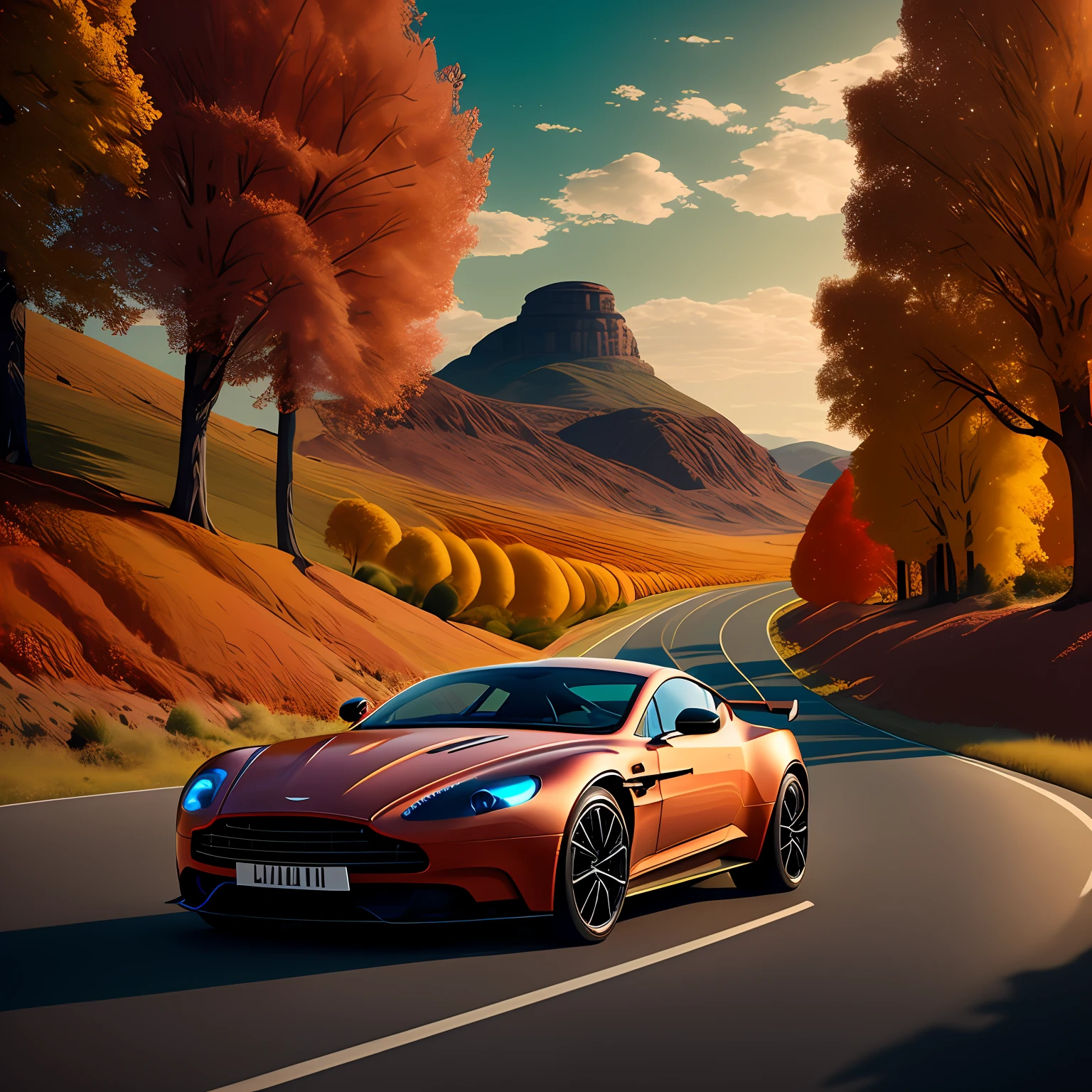 aston martin supercar on road, western landscape, autumn, day, black hair, hair bobbles, wince, longeyelashes, solid circle eyes, fake animal ears, light smile, ear blush, fang, Surrealism, drop shadow, anaglyph, stereogram, tachi-e, pov, atmospheric perspective, Romanticism, cinematic lighting, tachi-e, close-up, 8k, super detail, ccurate --auto