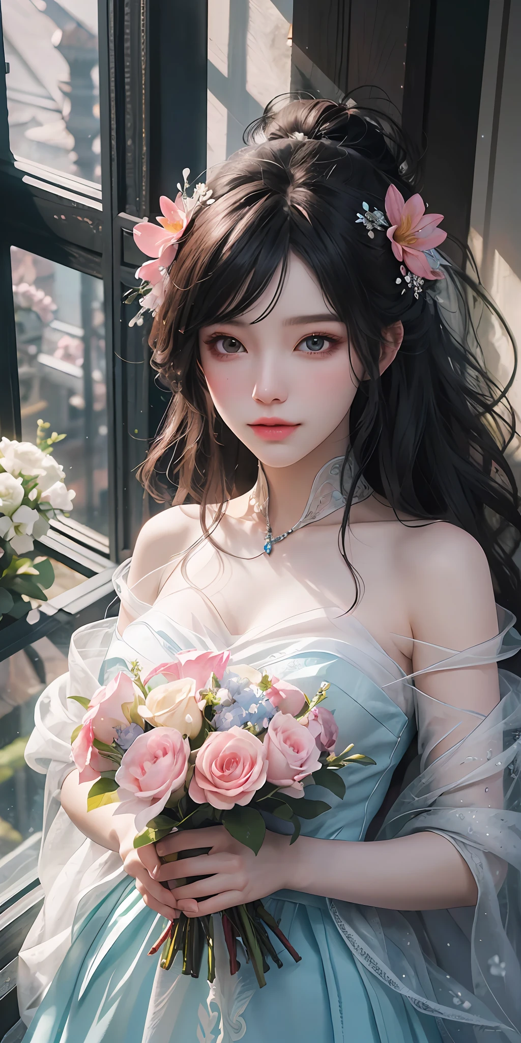 There was a girl in a pink dress holding a bouquet of flowers, Guviz, Guviz-style artwork, ethereal flowerpunk, render of april, guweiz masterpiece, Kawaii realistic portrait, With flowers, with bloom ethereal effects, belle delphine, fairy core, fantasy aesthetic, with frozen flowers around her