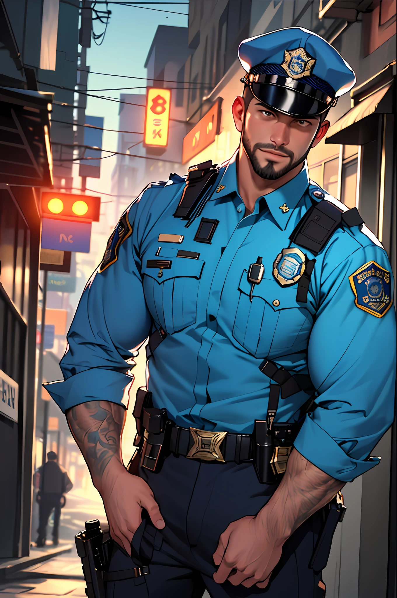 Best quality, masterpiece, ultra high res,detailed background,realistic,illustration,cowboy shot,solo,1boy,muscular male,beard,police uniform,street,muscular,facial hair,volumetric lighting,depth of field, sexy cop,