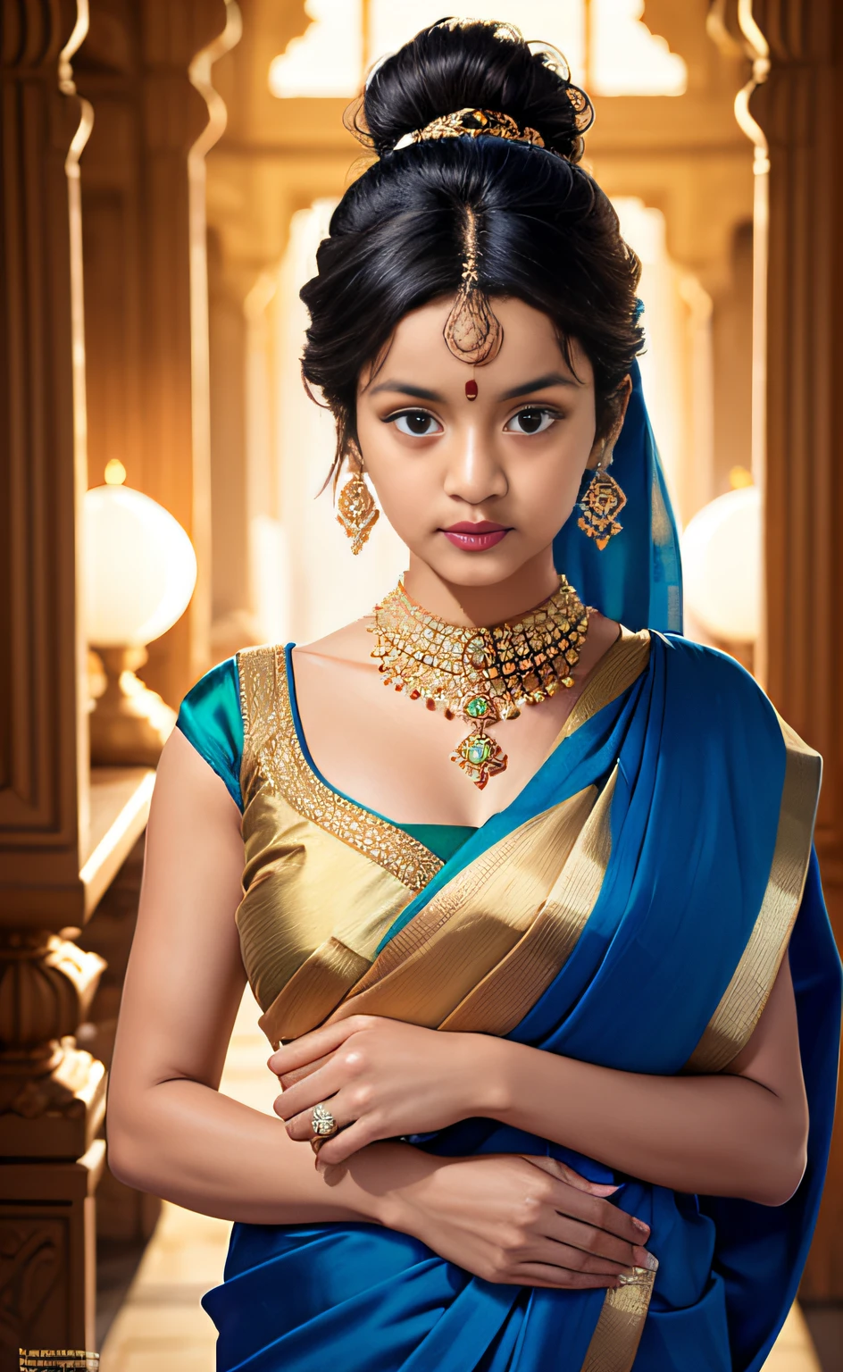 close-up RAW Portrait shot, photograph, androgynous human, oval jaw, delicate features, beautiful face, dark hair, (big bun:0.7), long bangs, hairband, long ponytail, bright blue-green eyes, (royal blue silk sari:1.4), 25yo stunning beautiful woman, (golden luxurious diadem with intricate details, gem:1.3), intricate details, skin texture, natural skin pores, dark dramatic studio lighting, cinematic shot,tan, dark olive skin, symetrical face, lascivious looking at viewer, parted lips, full lips, smokey eyes, bun pillow, elaborate hairstyle, dark lips, standing inside a hindu temple mith intricate ornament