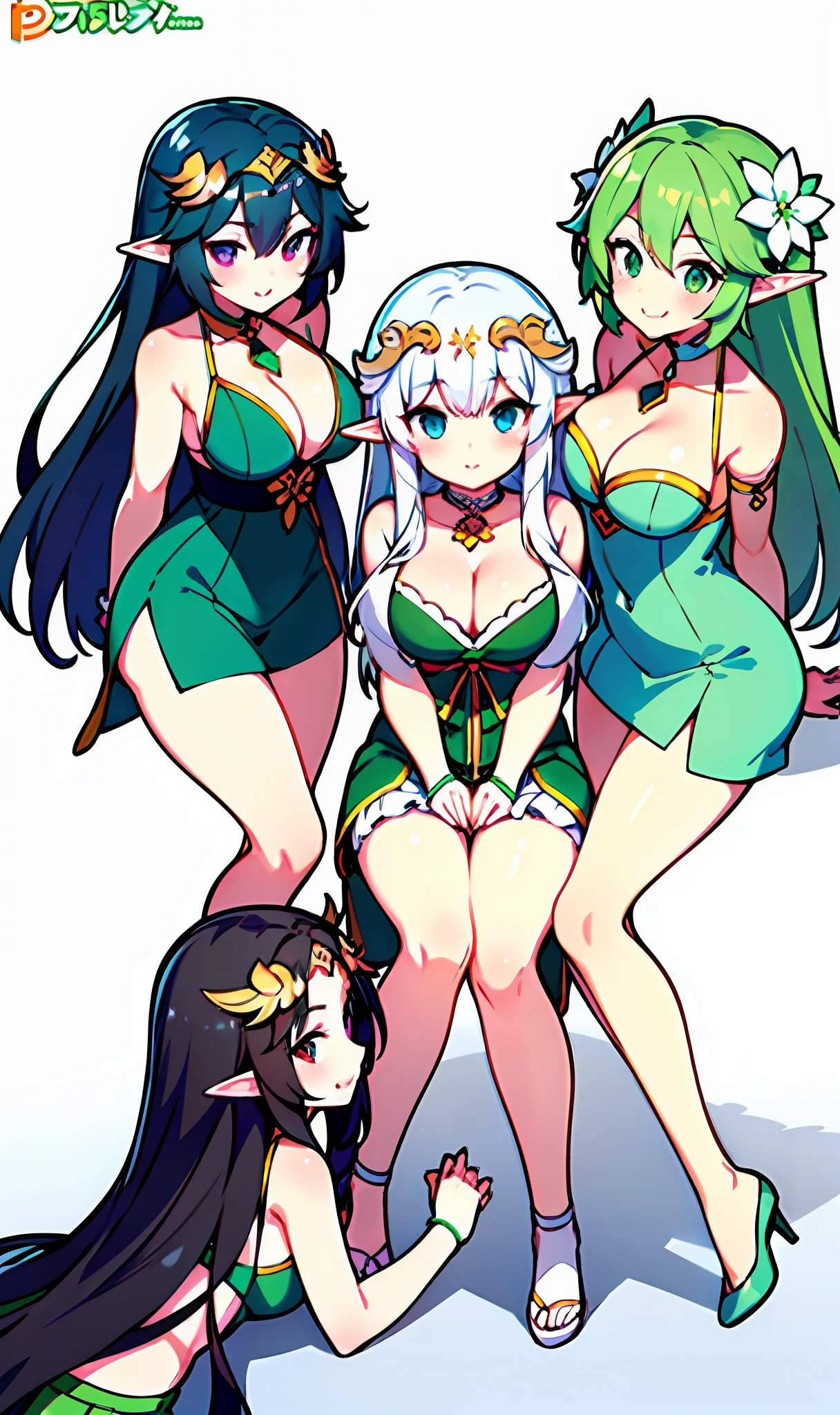 Anime girl with white hair and green dress sitting on floor, trending on artstation pixiv, Anime goddess, at pixiv, cute anime waifu in a nice dress, Elf Girl, Official anime artwork, Pisif, palutena, Seductive elf princess Lori, Guweiz in Pixiv ArtStation, offcial art, Elf Princess,Genshin Impact,the original god,Lori huge breasts cleavage,Small lolir Girls,harem,