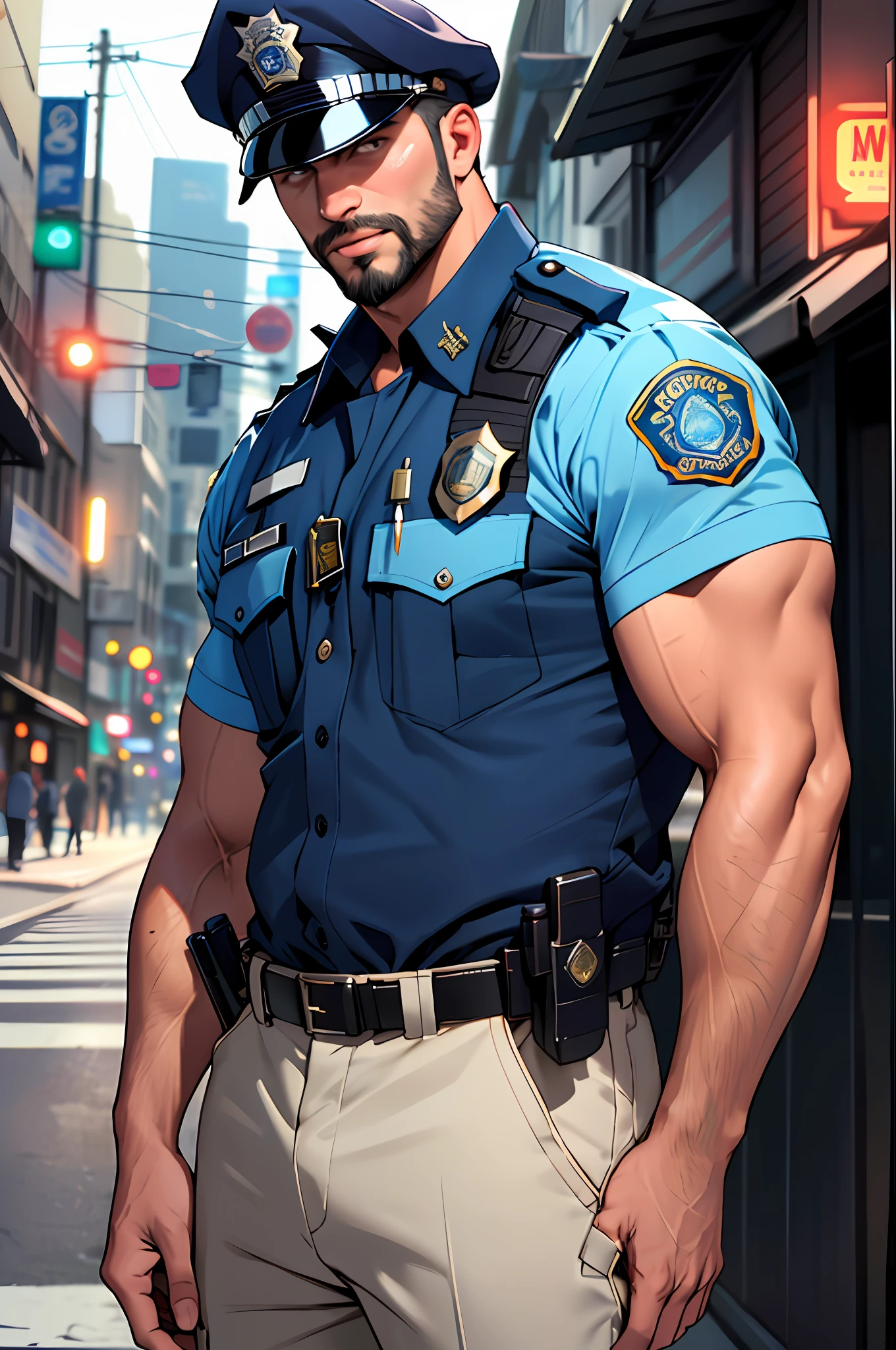Best quality, masterpiece, ultra high res,detailed background,realistic,illustration,cowboy shot,solo,1boy,muscular male,beard,police uniform,street,muscular,facial hair,volumetric lighting,depth of field, sexy cop,