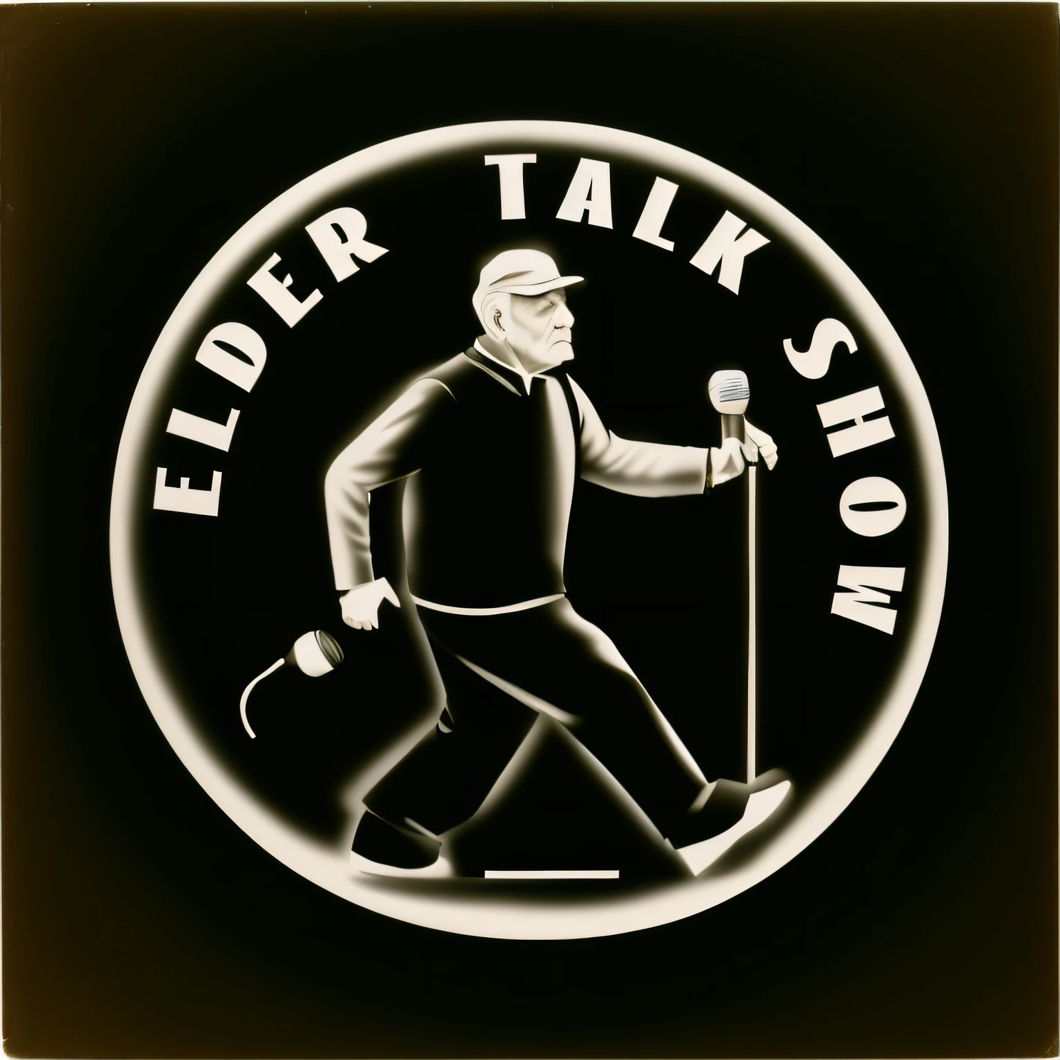 Close-up of an old man holding a microphone and walking, elders, black and white logo, logo art