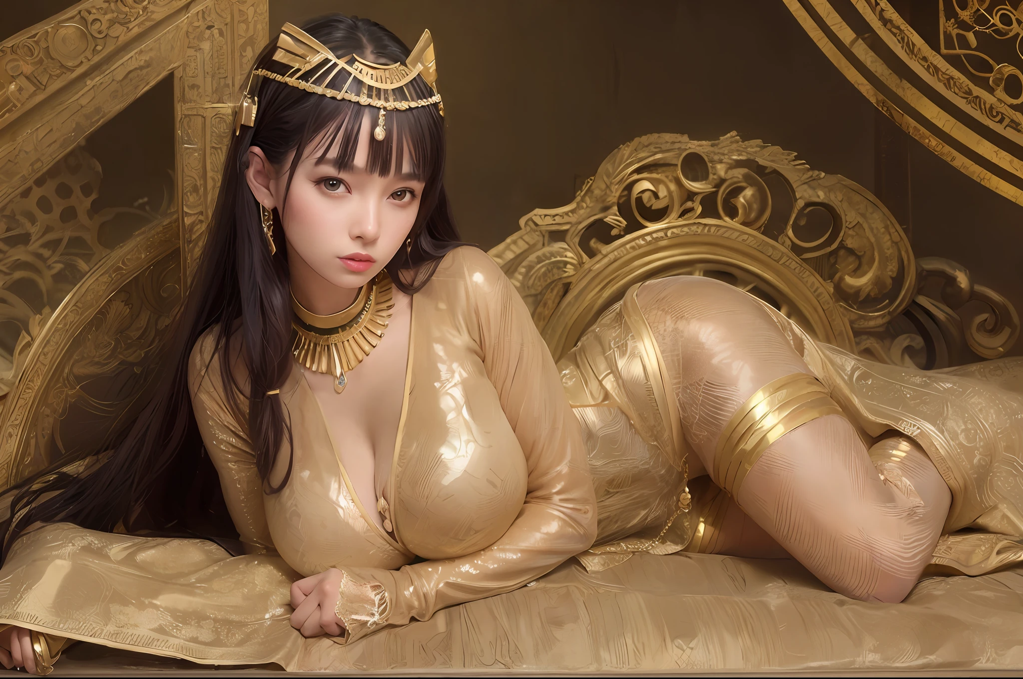 Brown-skinned girl, (Pharaoh  of Egypt), queen, Cleopatra, sexy, [[ecchi hentai Nicki Minaj as bride]] , resting (lays on golden sofa:1.4), (laying on her side :1.4),  golden egyptian dress , deep v dress, fully exposed her breasts,  big shiny breasts exposed, almost naked, brunette bangs,  open tummy, open straight legs, open shoulders, Egyptian (striped headscarf),  Proud, Majestic, (8k, RAW photo, realistic: 1.25), (lip gloss, highest quality, ultra-high resolution, depth of field, chromatic aberration) , gold necklace, excitement, sexy pose, full body,  sheer see-through panties, transparent pharaoh outfit, visible, breasts visible,perfect anatomy, perfect hands, perfect feet, big hips, perfect body, [steam wave], (SFW)