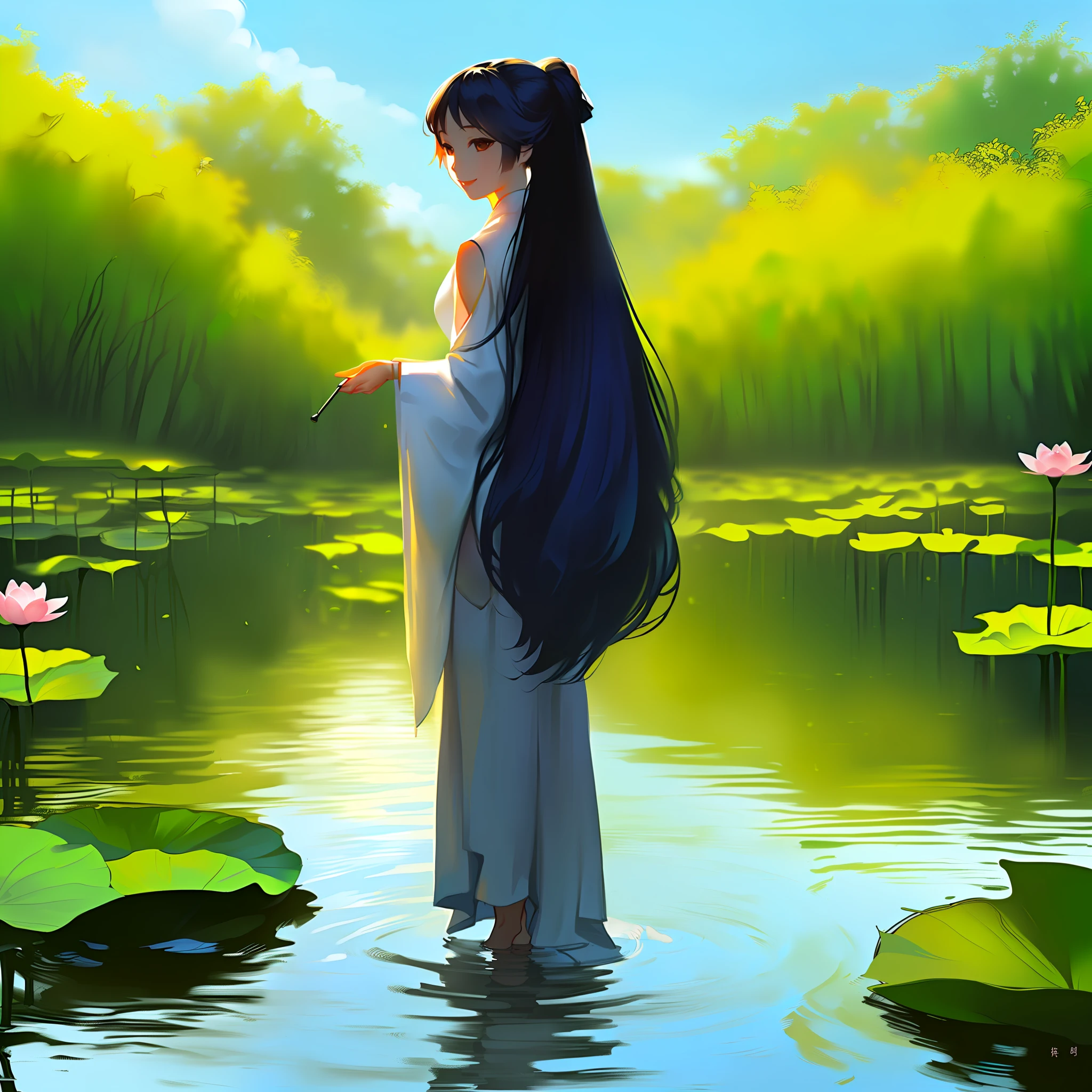 Chinese painting, lotus, hanfu, maxiskit, dress conservatively 1girl, solo, long blue hair, smile, standing, feet in water, barefoot, --auto
