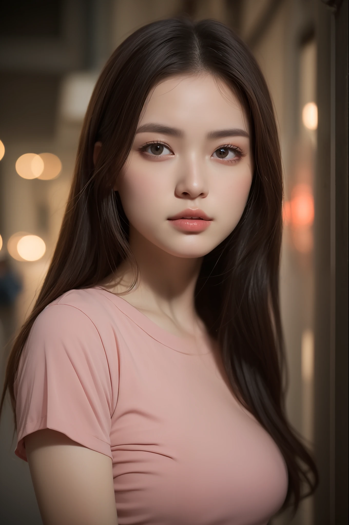 ((Night scene, Best Quality, 8K, Masterpiece: 1.3)), Focus: 1.2, Bokeh mode, ((Sensor-shift OIS)), Perfect Body Beauty: 1.4, (Dark brown hair), (Dark Street, Alone: 1.1), (Pink viscose tshirt, Tights short), Natural(Big breasts: 1.2), [Peach]Blossom eyes, Highly Detailed Face and Skin Texture, Full Body, Delicate Eyes, Double Eyelids