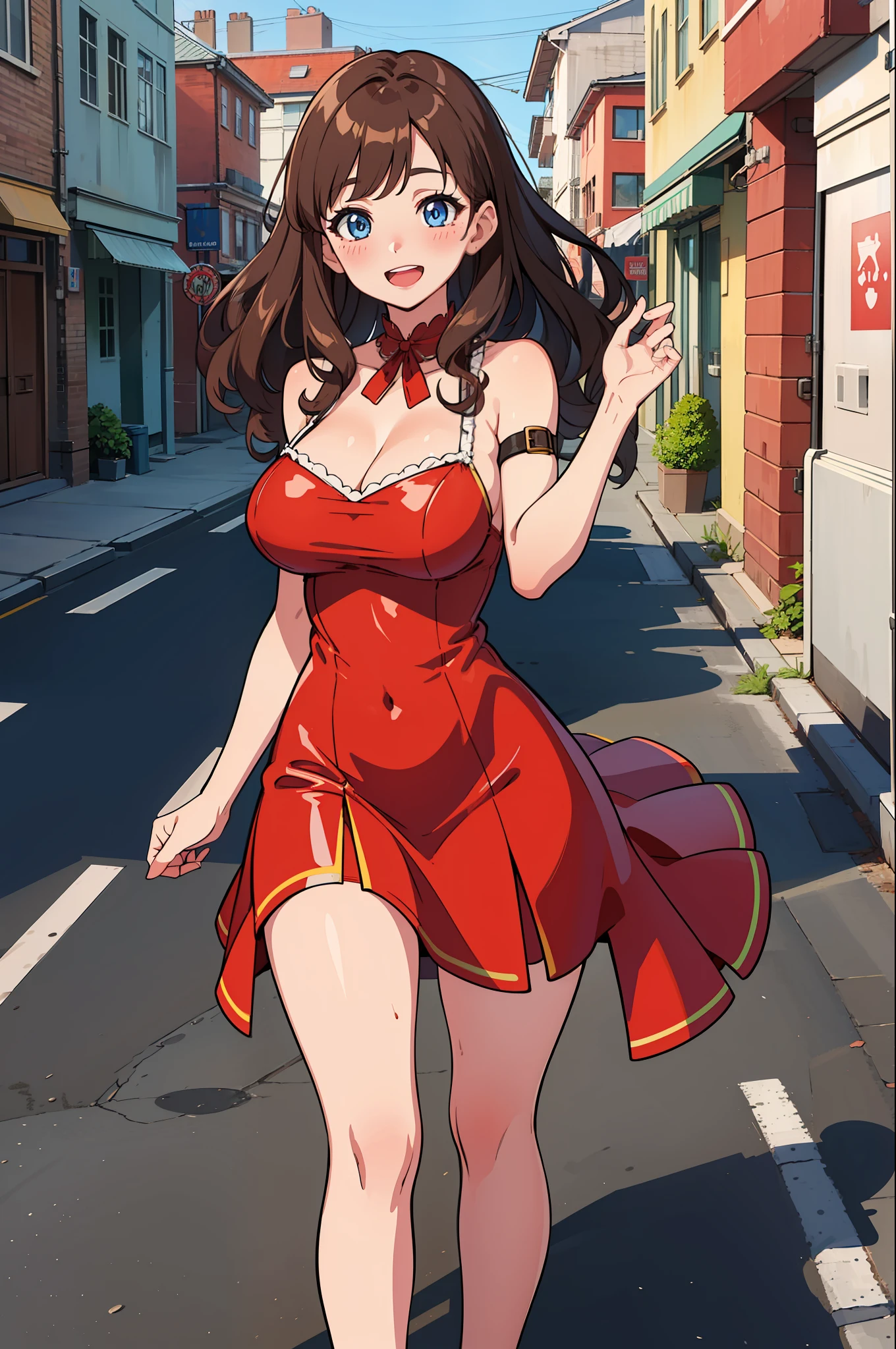 masterpiece, high quality, best quality, beautiful, hd, perfect lighting, detailed face, detailed body, 1 woman, (milf),  solo, (Brown curly long hair), blue eyes, big breasts, ((red mini dress)), (blush), smile, open mouth, (morning), street in the background, sexy pose, (open neckline),