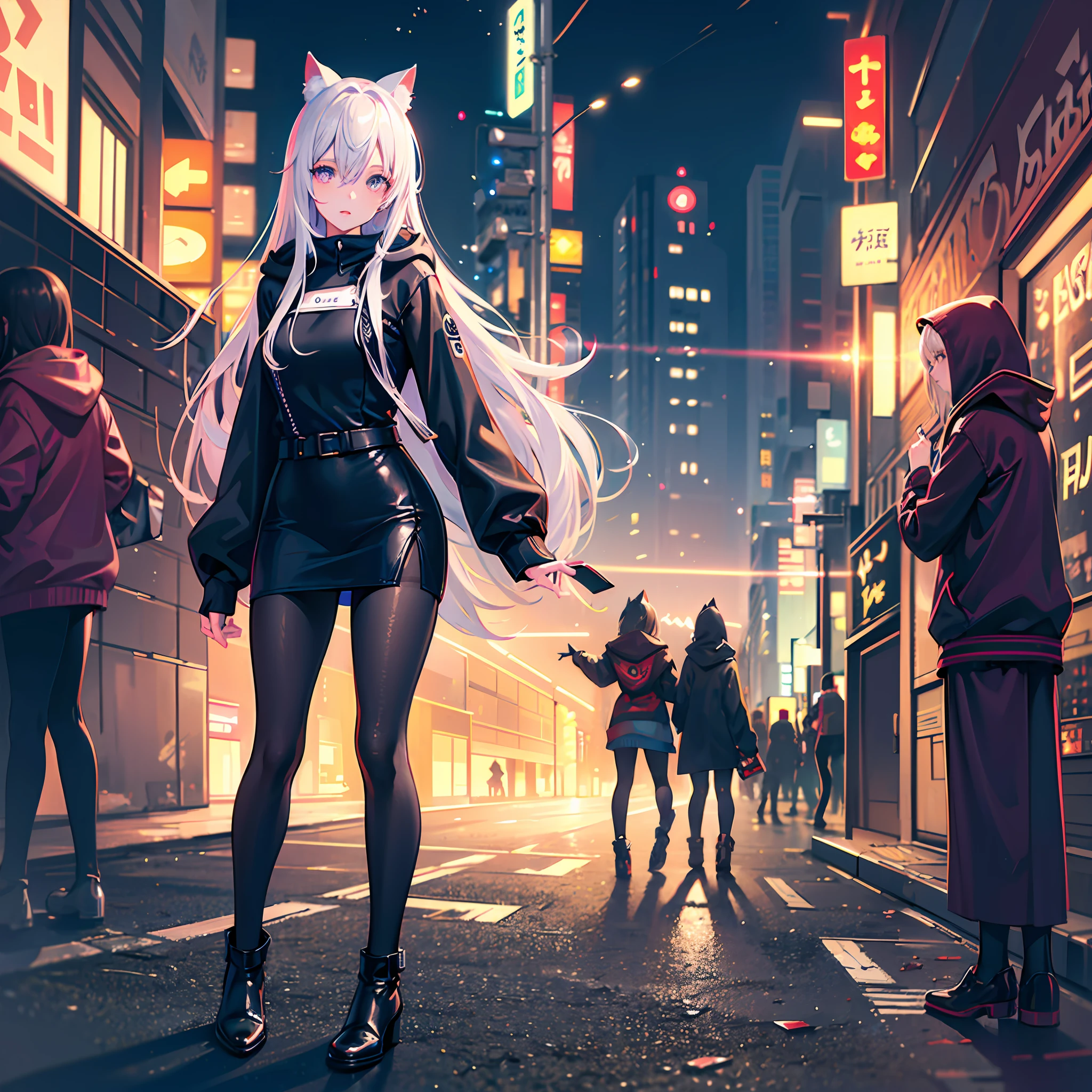 Street snapshot, (realistic, photo-realistic, RAW photo, real person:1.37), ultra-detailed, ridiculous resolution, high resolution, (masterpiece:1.4), 1girl is beautiful in cat ears Hooded sweatshirt, Leather long belt, leather long boots, black lace camisole dress, between eyes hair, Detailed skin and eyes, City Night Bokeh, photo book, Street corners at night, neon lights, naked hoodie, pantyhose, Streets of Tokyo, Strobe edges, front lighting, and clothing hem lift, --auto