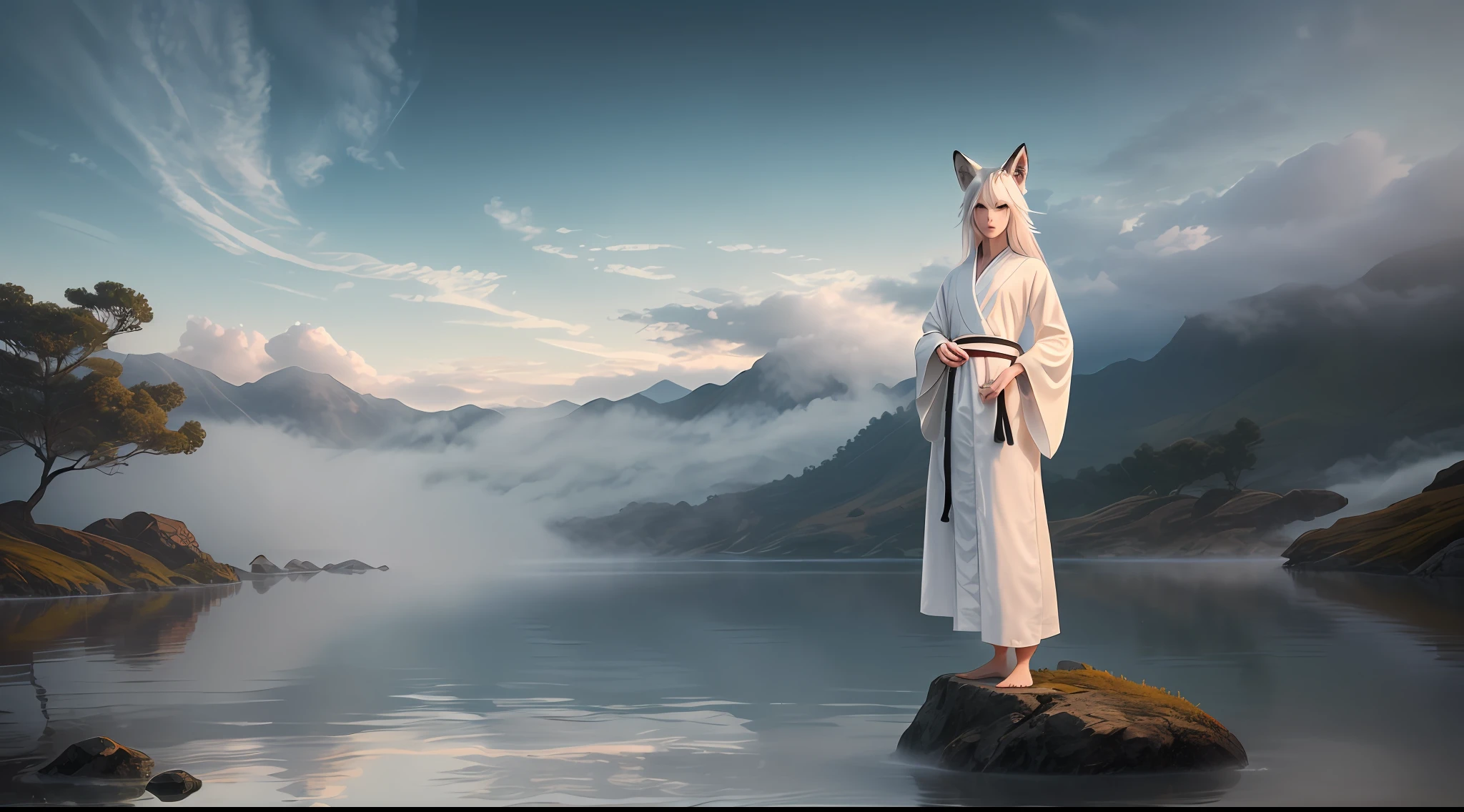 a beautiful and ethereal fox spirit dressed in a flowing white Chinese robe. The image captures the fox spirit standing gracefully on the water's surface, surrounded by white clouds and mist that lend an otherworldly quality to the scene. The fox spirit's long white hair and robes are swept up by the wind, adding movement and fluidity to the image. Use Midjourney's advanced brush tools to create intricate folds and textures in the fox spirit's robes and hair, and experiment with different color palettes and brush strokes to bring out the ethereal quality of the scene. The fox spirit's beauty is further enhanced by the way her image is sometimes obscured by the surrounding mist, giving the scene a sense of mystery and enchantment. With Midjourney's powerful tools, you can bring this captivating and ethereal scene to life with incredible detail and beauty. hdr, (photorealism, masterpiece quality, best quality), , pureerosface_v1,ulzzang-6500-v1.1,