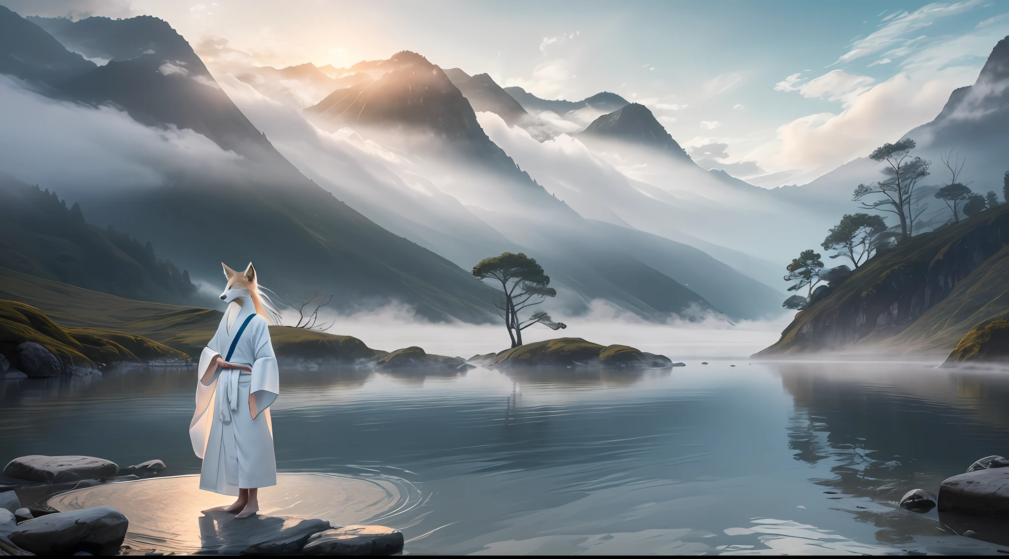 a beautiful and ethereal fox spirit dressed in a flowing white Chinese robe. The image captures the fox spirit standing gracefully on the water's surface, surrounded by white clouds and mist that lend an otherworldly quality to the scene. The fox spirit's long white hair and robes are swept up by the wind, adding movement and fluidity to the image. Use Midjourney's advanced brush tools to create intricate folds and textures in the fox spirit's robes and hair, and experiment with different color palettes and brush strokes to bring out the ethereal quality of the scene. The fox spirit's beauty is further enhanced by the way her image is sometimes obscured by the surrounding mist, giving the scene a sense of mystery and enchantment. With Midjourney's powerful tools, you can bring this captivating and ethereal scene to life with incredible detail and beauty. hdr, (photorealism, masterpiece quality, best quality), , pureerosface_v1,ulzzang-6500-v1.1,