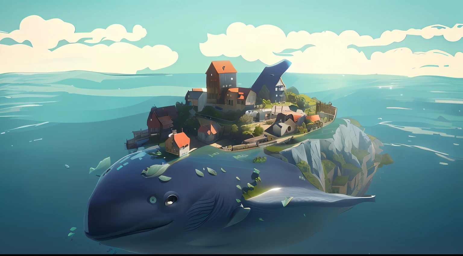 There is a huge whale floating in the water，There is a small town above,There are some houses on it ，pixar-style， stylized 3d render, 3 d render stylized, concept-art，scenography， fishing town, heavily stylized, Concept art wallpaper 4K