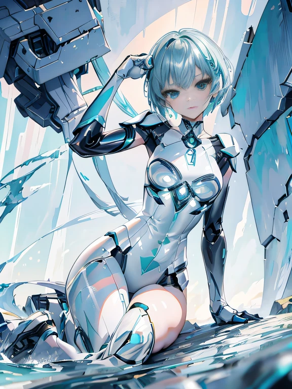 Anime girl in black and green costume sitting on a rock, Hatsune Miku short hair, anime land of the lustrous, mikudayo, Crystalline!!, icey, Green crystal, rei hiroe, crystallic, portrait anime space cadet girl, knights of zodiac girl, Anime girl with teal hair, crystalline skin, rogue anime girl ayanami rei
