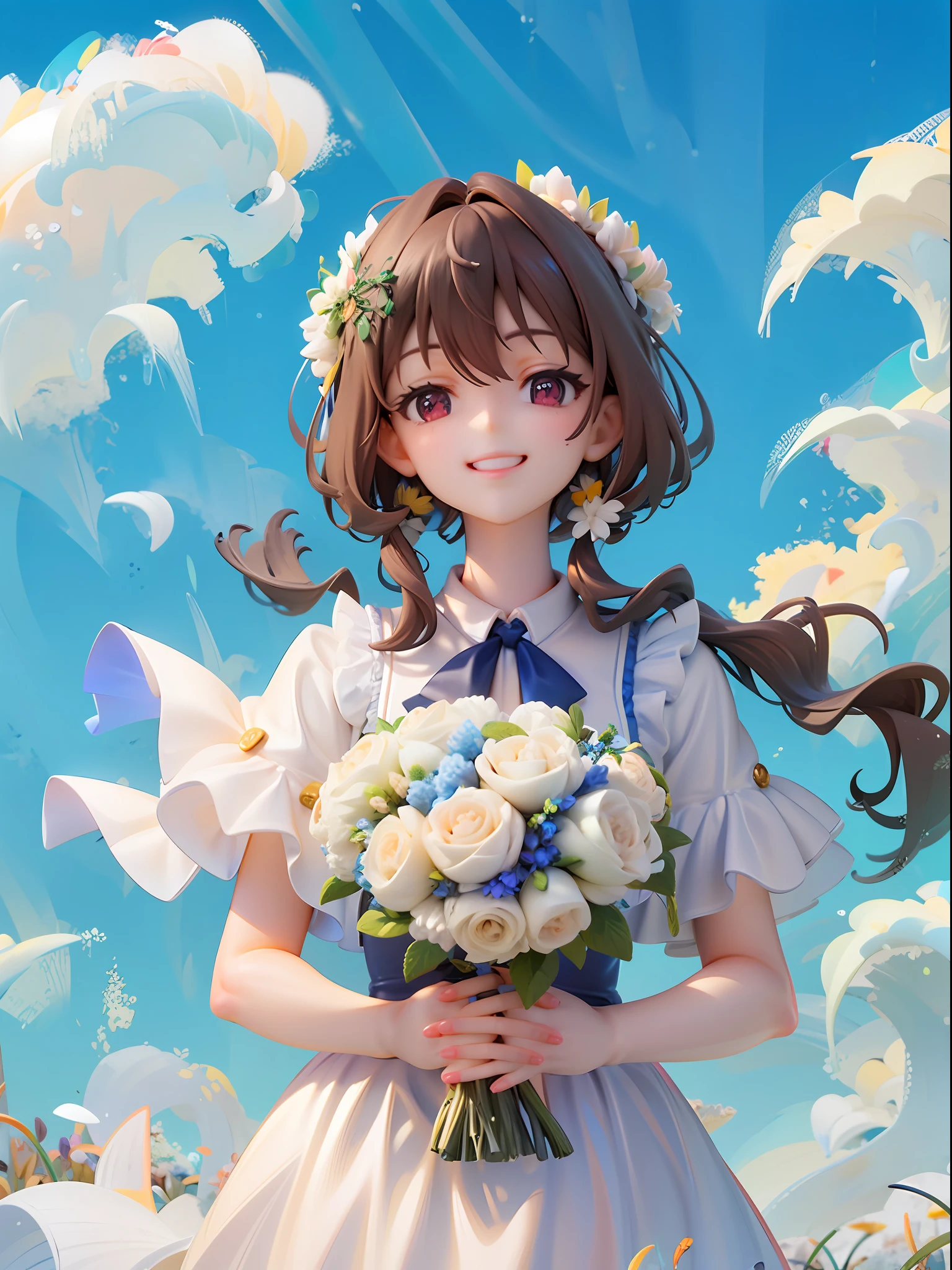 1girl, brown hair, wave middle hair, red eyes, beautiful eyes, smile, happy, white dress, bouquet, holding with both hands, upper body, on grassland, blue sky