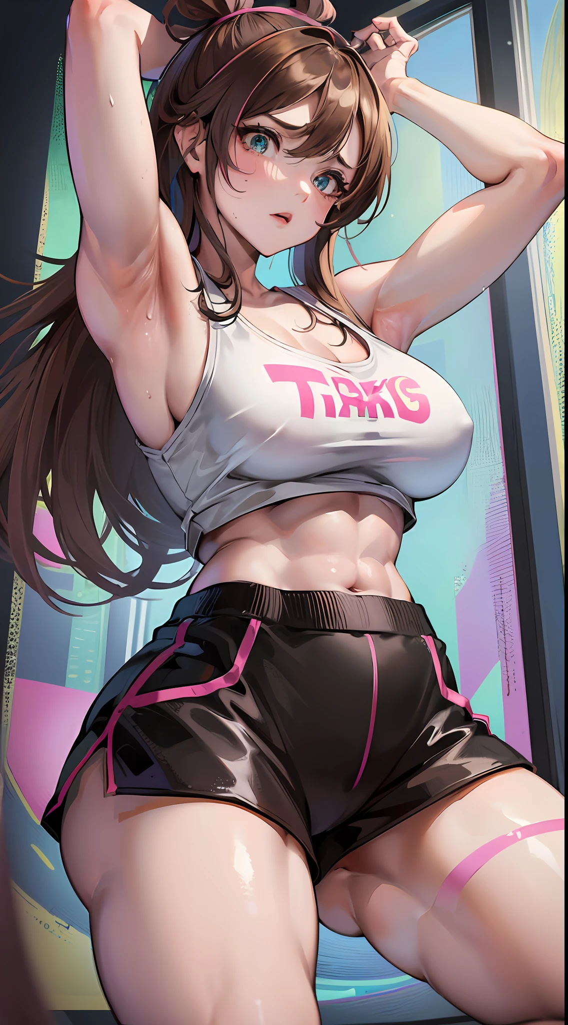 (Best quality, 8k, 32k, Masterpiece, UHD:1.2), kizuna ai, huge breasts,long hair, brown hair, multicolored hair, hair tied, pink hairband, pink highlights, streaked hair, serious face, pink sports bra, black jogging pants, navel,  muscular abs, six packs, navel piercing, thong panties,  sweaty armpits, short shorts, thick thighs, muscular arms, weightlifting, tattoos