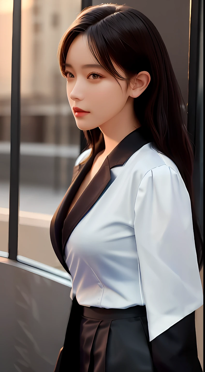best quality, masterpiece, 1girl, Beautiful face, (photo realistic:1.3), rim lighting, (high detailed skin:1.2), 8k uhd, dslr, high quality, high resolution, 4k, 8k, Bokeh, absurdres, best ratio four finger and one thumb, (realistic:1.3), cute 1girl, wearing black formal blazer, medium breasts, short skirt,