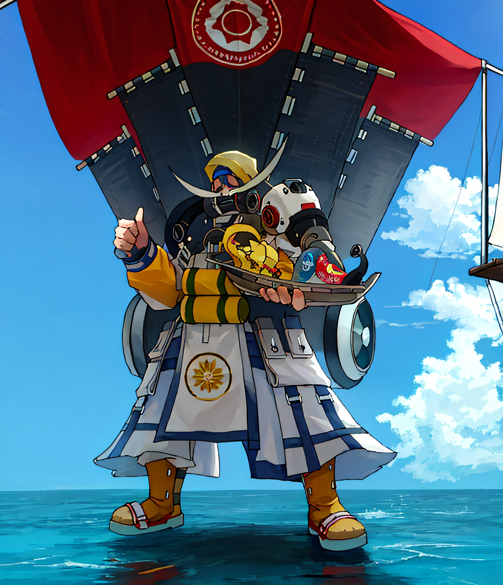 Man wearing gas mask wearing gas suit，red-tinted glasses，Flag Japan back，Holding a small boat in his hand，The ship is full of radiation monsters，Keep the water green，yellow clothing，thongs，There is a metal can on the back，There is money in four pockets，8K， high qulity，Rich in detail，Japanese-style standing painting，Semi-thick coating，cyber punk perssonage，simplebackground