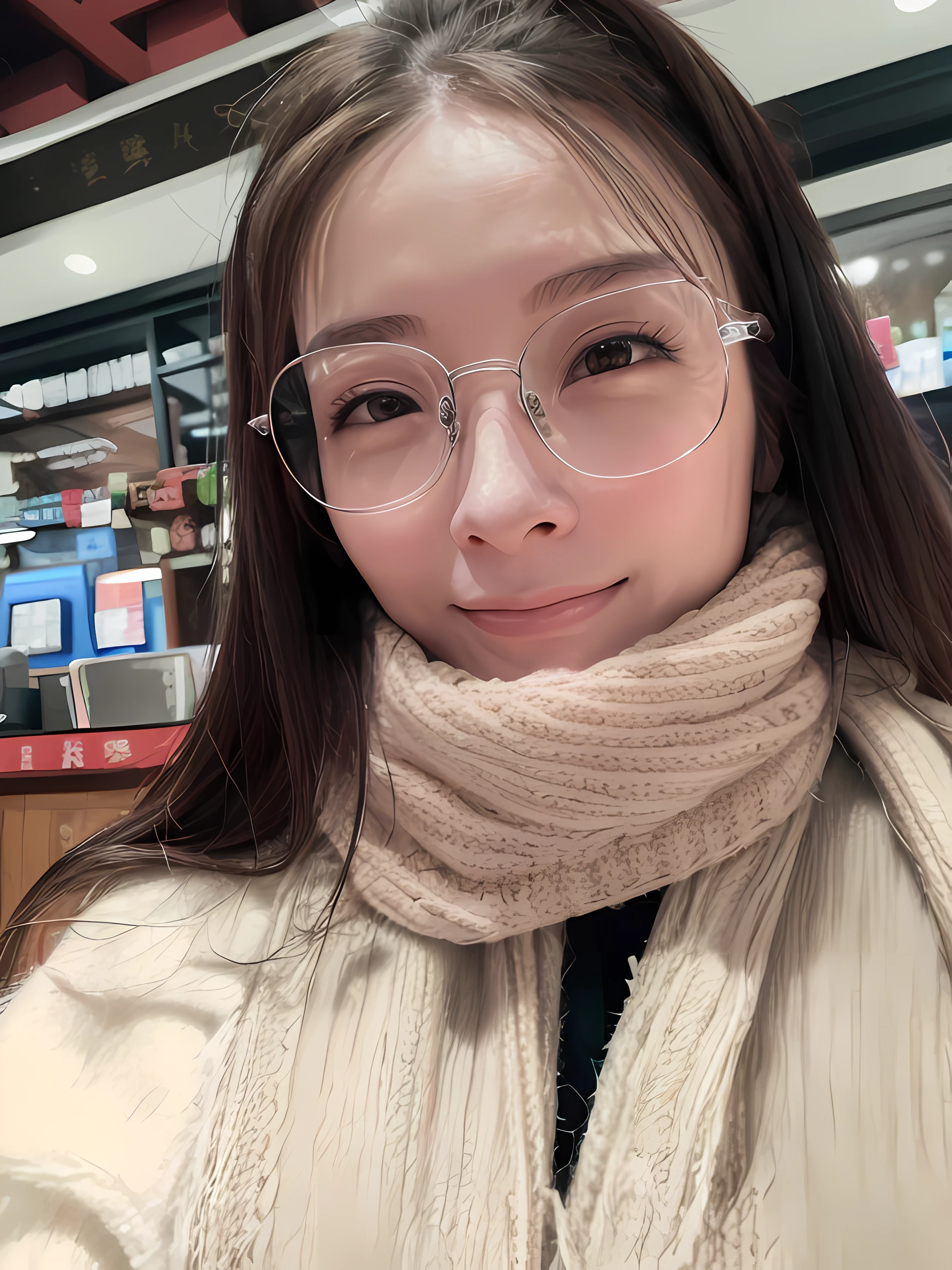 Close-up of a woman wearing glasses and a scarf, wearing thin large round glasses, 8k selfie photograph, wearing small round glasses, xintong chen, wenfei ye, inspired by Ma Yuanyu, With glasses, 19-year-old girl, Lin Qifeng, thick round spectacles, large round glasses, Li Zixin