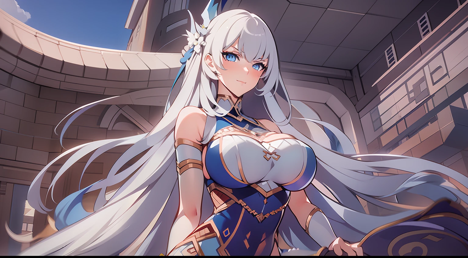 ((masterpiece)),((best quality)),((high detial)),((realistic,)) 1girl, long hair, silver hair, fionatof, toweroffantasy, blue eyes, blush, sexy pose, best anime 4k konachan wallpaper, smooth anime cg art, seductive anime girl, best posture, curve body, huge breast, ((Seductive pose)), Smile, Expressive eyes, blue eyes, cowboy shot, half body, 4k rendering, ultra detailed,