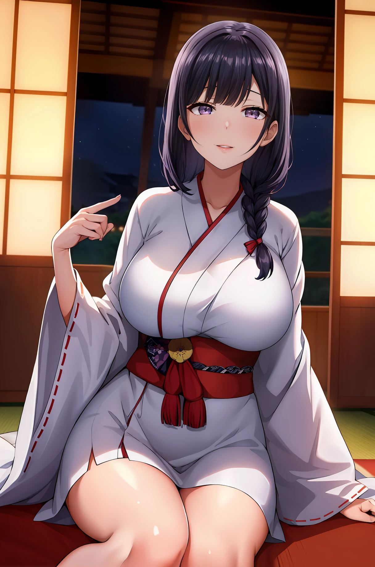 (Night:1.7), east asian architecture,
sitting at attention,sitting on Tatami,
White_kimono,
black_hair, long_hair, hair_pulled_back,parted_lips,purple_eyes, braid,
1 girl, Manga,20yo,mature female,Beautiful Finger,Beautiful long legs,Beautiful body,Beautiful Nose,Beautiful character design, perfect eyes, perfect face,
looking at viewer,(innocent_big_eyes:1.0),(Light_smile:1.0),
official art,extremely detailed CG unity 8k wallpaper, perfect lighting,Colorful, Bright_Front_face_Lighting,
(masterpiece:1.0),(best_quality:1.0), ultra high res,4K,ultra-detailed,
photography, 8K, HDR, highres, absurdres:1.2, Kodak portra 400, film grain, blurry background, bokeh:1.2, lens flare, (vibrant_color:1.2)
(Beautiful,large_Breasts:1.4), (beautiful_face:1.5),(narrow_waist),