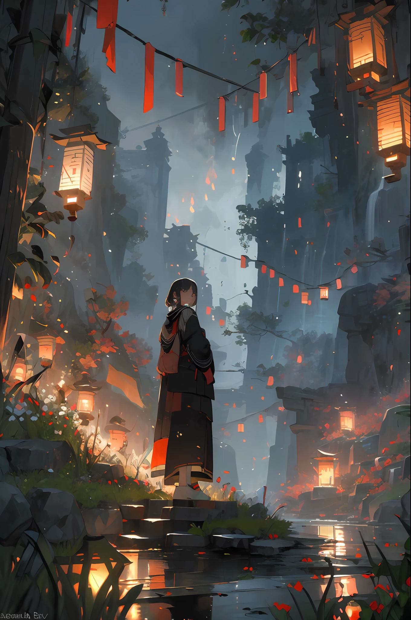 (masterpiece:1.2), best quality,realistic,Tyndall effect,
lantern, 1girl, outdoors, scenery, bird, night, grass, solo, black hair, artist name, sky, standing, water, tree, rock, building, paper lantern, night sky