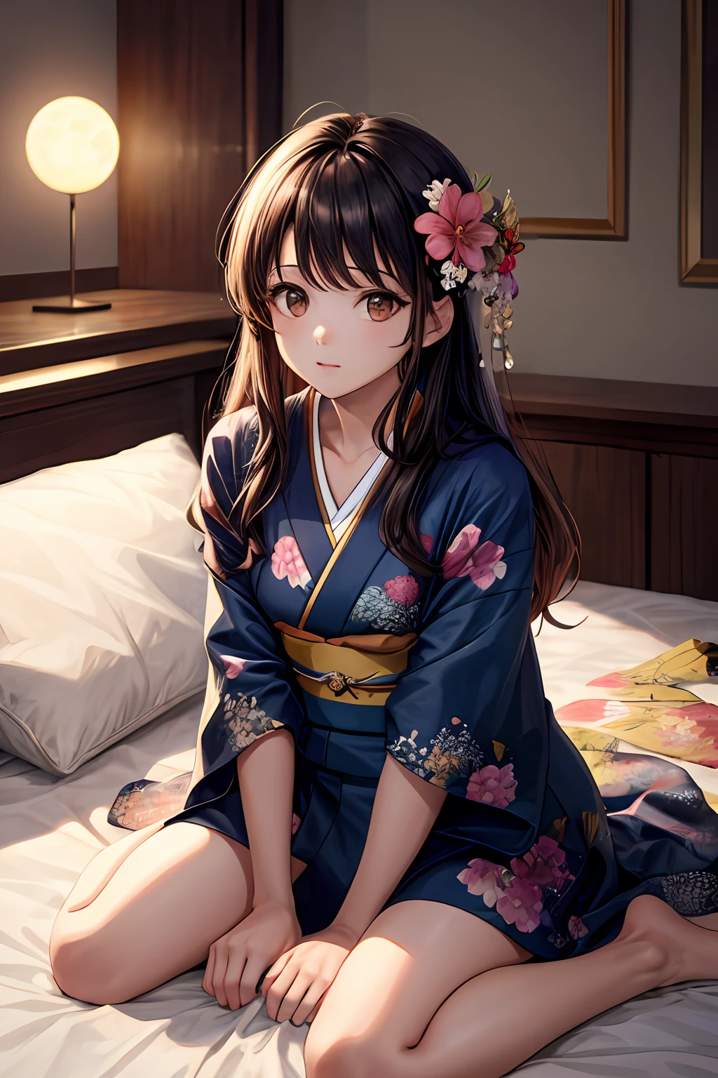 masterpiece, best quality, absurdres, perfect anatomy, 1girl, solo, brown eyes, bangs, long hair, indoors, kimono, in bed, hair flower, floral print, wariza, sitting, hands on own knees, moon light