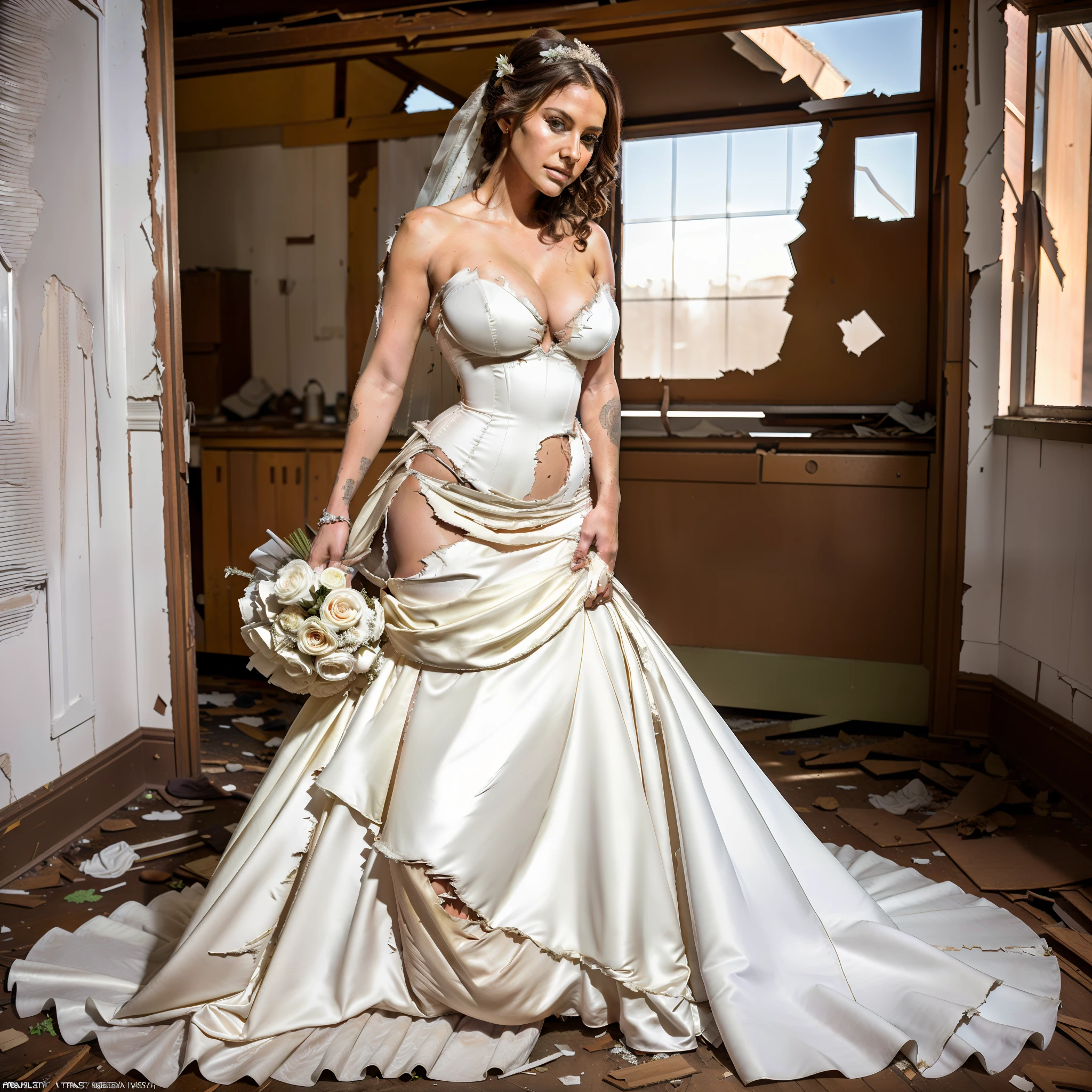 top-quality, masterpiece, 36K, very high res, hyper realistic photography, (((Full body shot))), 1girl in, perfect human shape, ((outfit: torn, strapless wedding dress)), Portrait, hyper detailed face, ultra realistic textures, (leaning forward pose, Abandoned house), ultra huge cleavage, (Beautiful sexy bride),