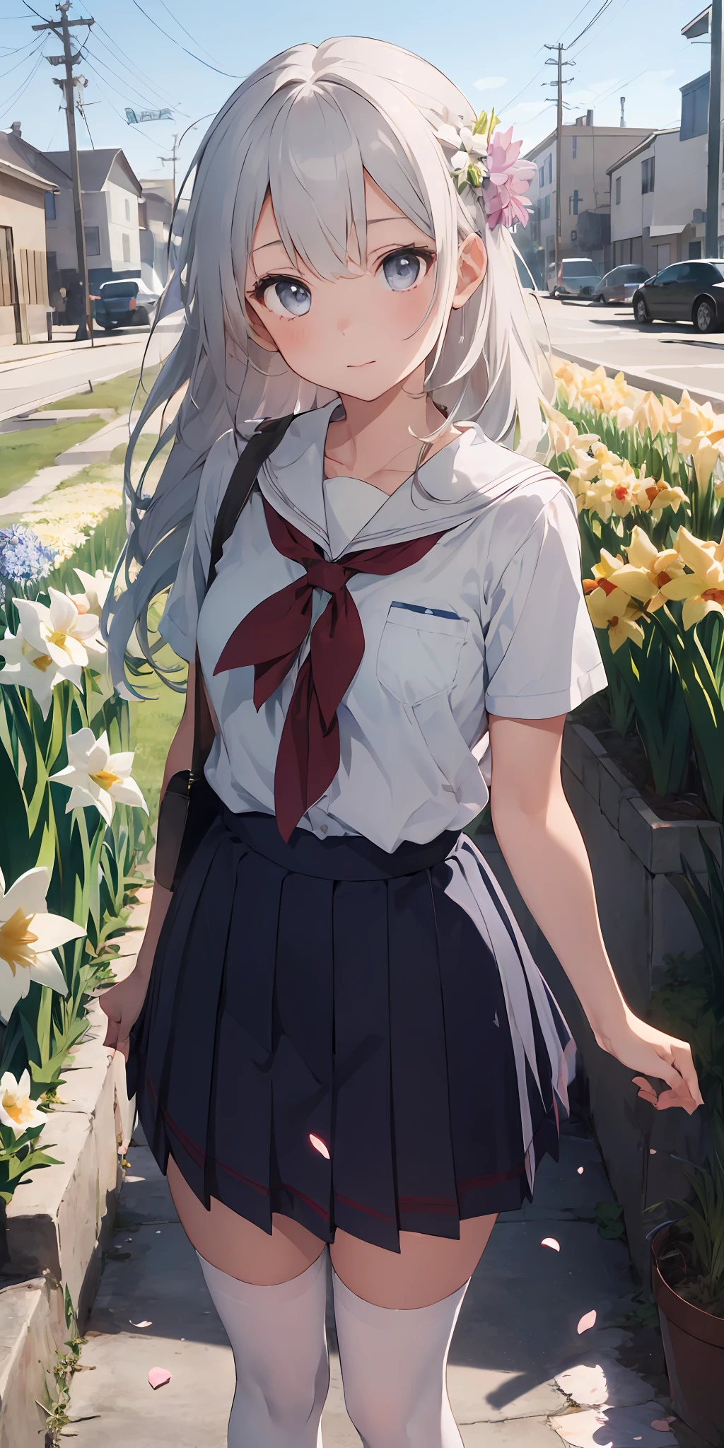 1girl, beautiful detailed eyes, long white hair, light grey eyes, school uniform, high white stocking, vivid, flower, daffodil, hyacinth, falling petals, , high contrast, ((masterpiece, best quality)), cinematic light, cinematic composition