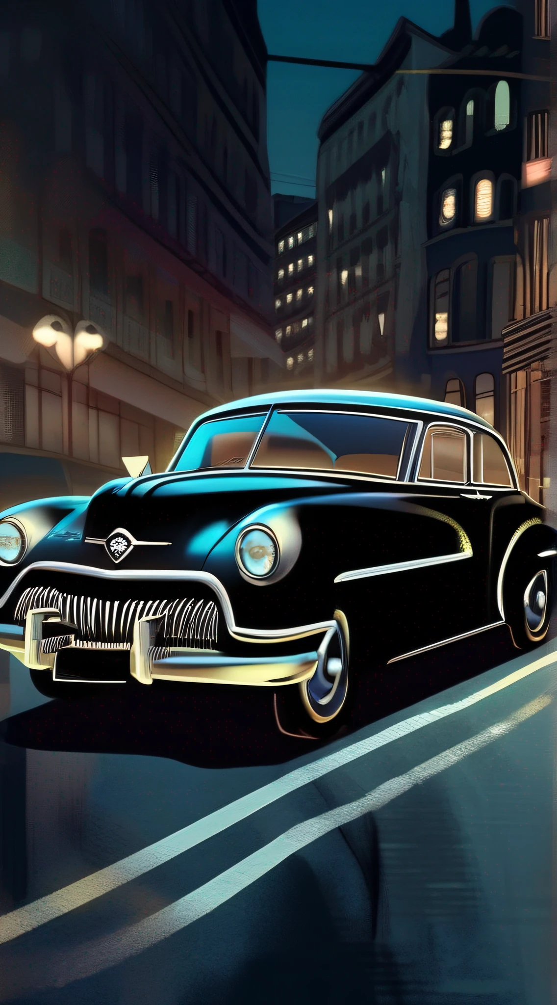 "An old American car from the 60s, 70, de type voiture vintage, avec un homme noir portant une casquette de baseball au volant de la voiture, Cross the night of a city with a jazzy atmosphere not too dark, of very good quality, with a lot of details."