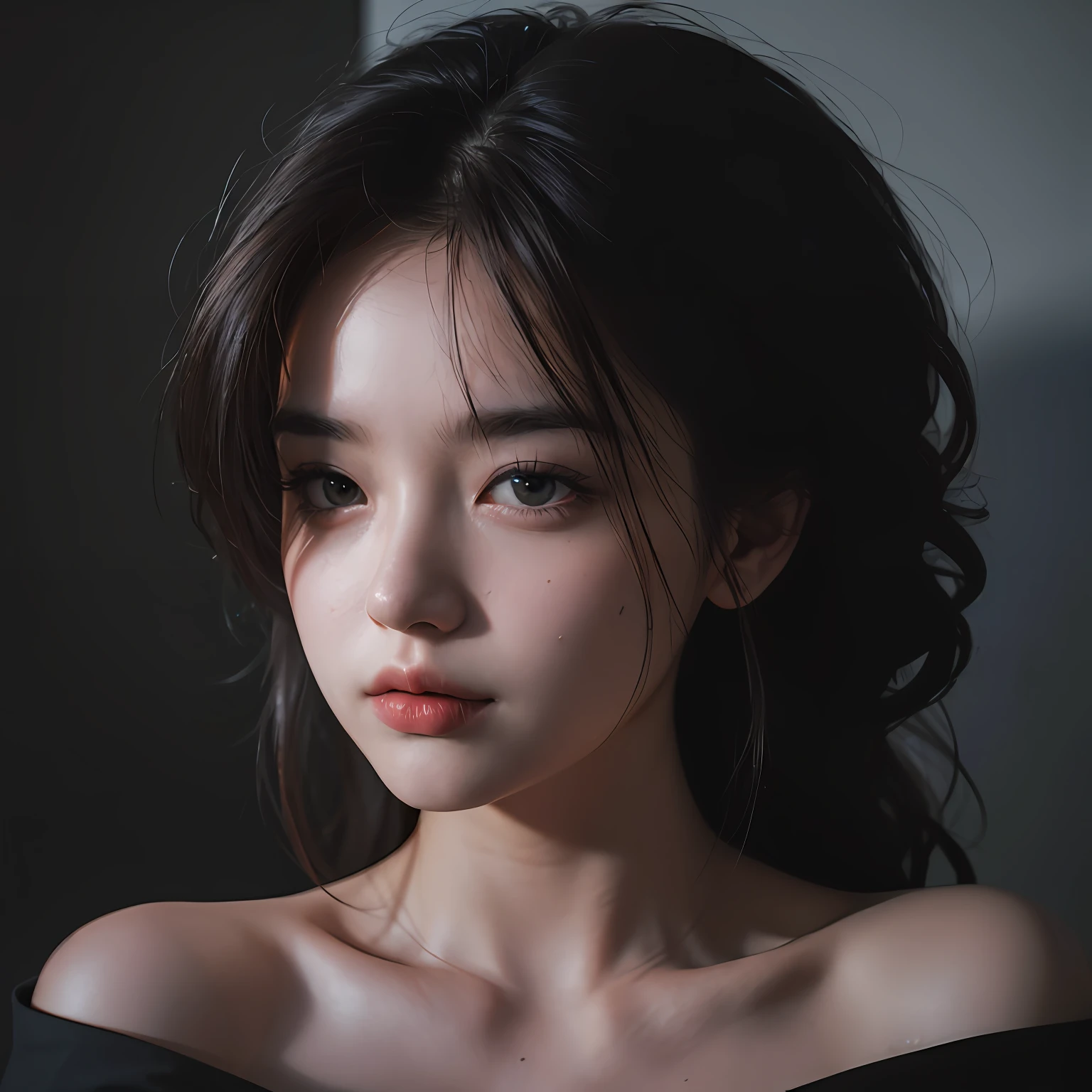 Best quality, masterpiece, ultra high res, (photorealistic:1.4), raw photo, 1girl, offshoulder, in the dark, deep shadow, low key, cold light --auto