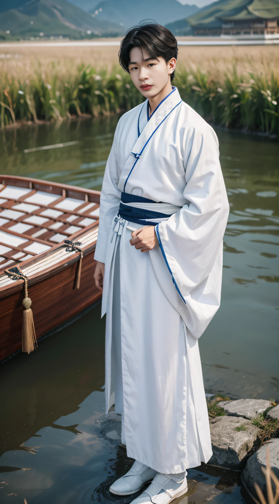 8K quality,extreme hight detail。Boy student,Ancient wind,looking at the camera in,Elements of ancient Chinese style,The boy in white,Hanfu,Xianxia,Stand straight on the boat,In the background are reeds and mountains in the distance,White clothes fluttering