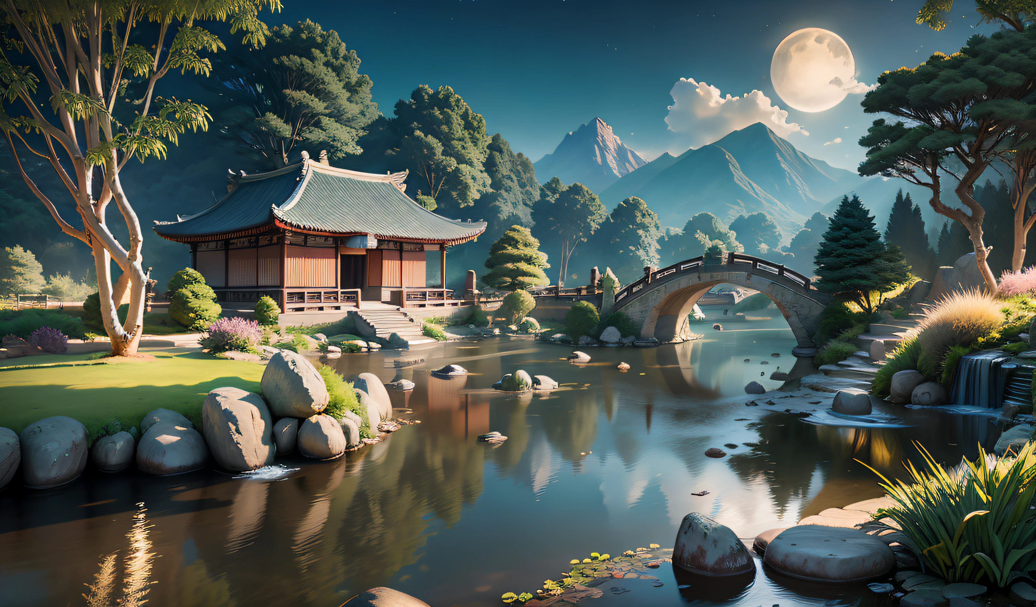 9:16 Full picture, ancient Chinese architecture, hazy moon, night, garden, bamboo, lake, stone bridge, rockery, arch, corner, rockery, tree, running water, landscape, outdoor, waterfall, grass, rock, water lily, hot spring , Water Vapor, (Illustration: 1.0), Epic Composition, Detail Enhancement, Detail Enhancement. Realistic lighting, HD details, masterpiece, best quality, (very detailed CG unity 8k wallpaper), (best quality)