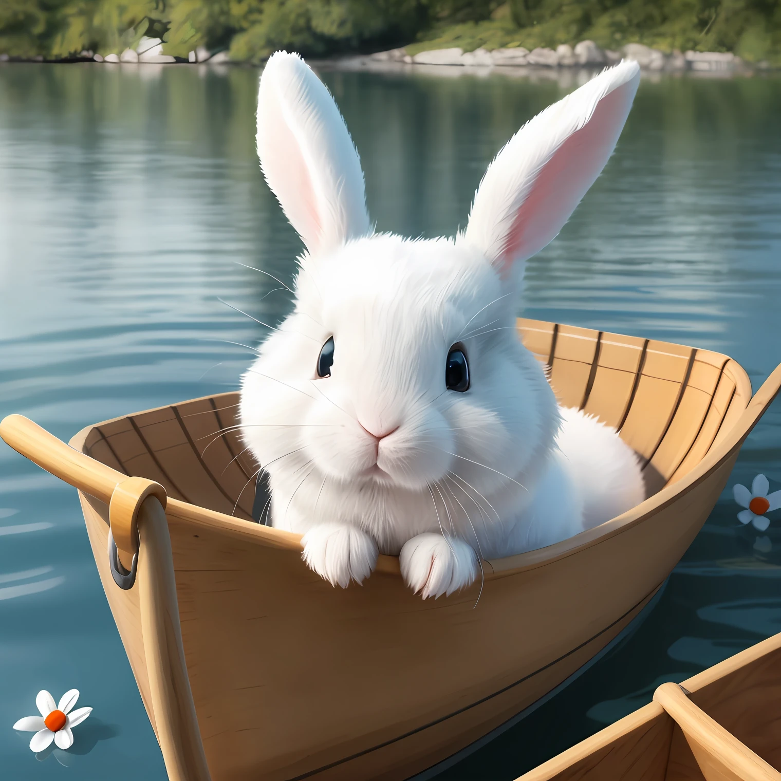A cute cartoon bunny,Plead for the camera,sad big eyes,Ears drooping,full bodyesbian,realisticlying,8K,ultra - detailed,illustratio,dynamic angle,tmasterpiece,best qualtiy,On the go,Little white rabbit and little gray rabbit,Cross the canoe bridge together,Face difficulties together。Seed-46720437936197