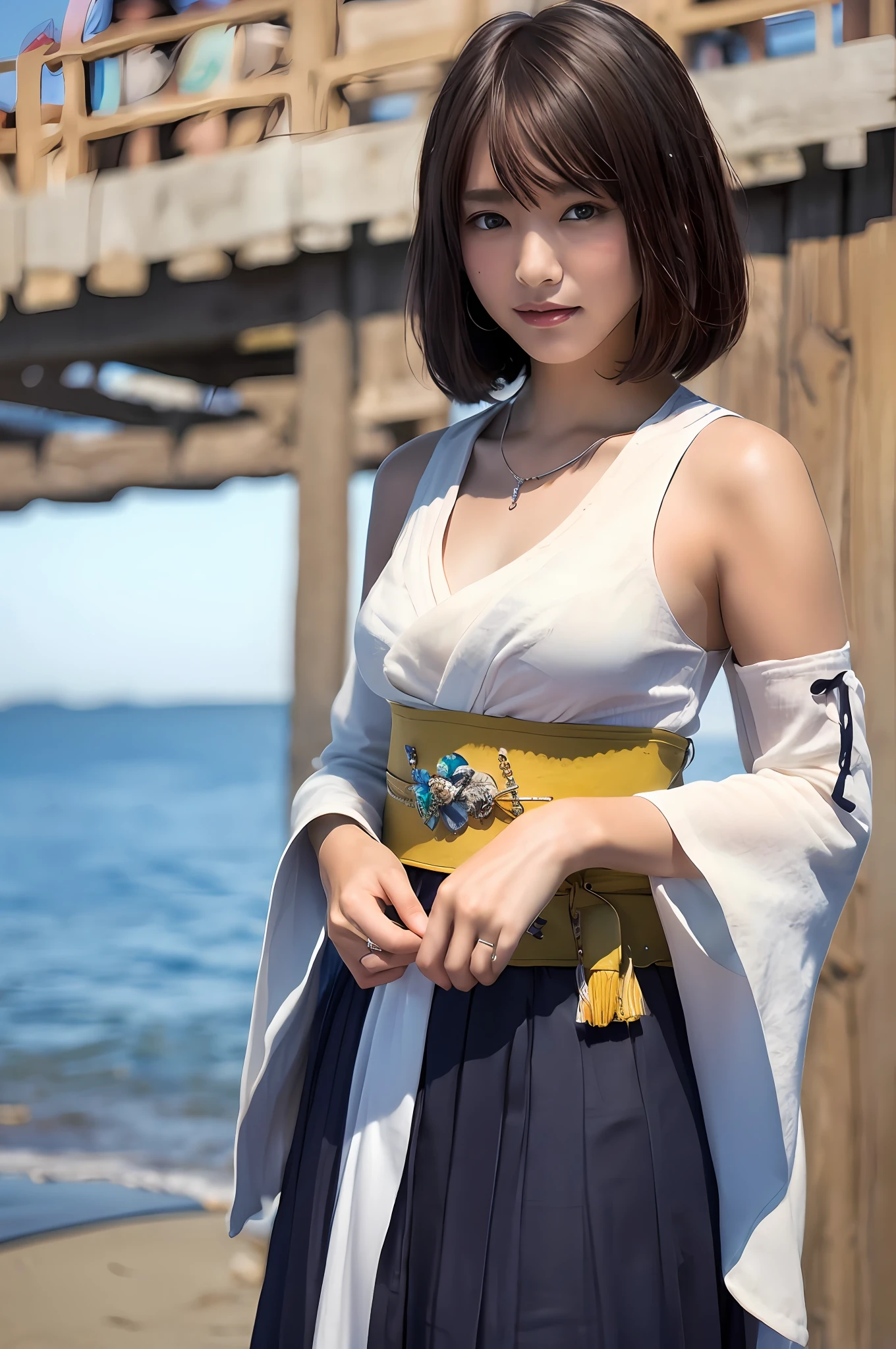 Photorealsitic, hight resolution, 1 rapariga, Korea person, Heterochromia eyes, small moles under eyes,blue-sky、Beach、pier、plein air、1girl in, 独奏, jewely, Detached sleeve, a necklace, blue-beaded earring, Hakama skirt
Yunafx、
超A high resolution、a picture、Photorealsitic、ighly detailed、A detailed face、Cute Woman Solo、
medium breasts、(masterpiece、hightquality)、looking at the viewers、gorgeous goddess、bob cuts、shinny skin、
Charming and、Charming and、dream-like、Royal cloak、((thick bangs))、