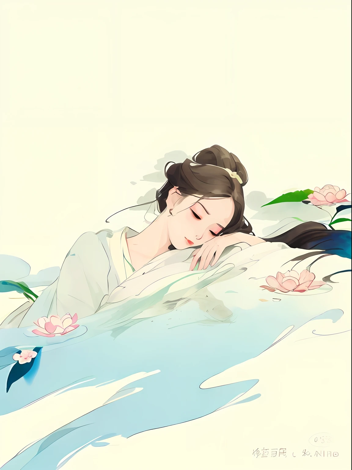 Anime girl lying in water with flowers and leaves, serene illustration, A beautiful artwork illustration, By Li Song, author：Qiu Ying, Palace ， A girl in Hanfu, by Yang J, author：Li Fangying, by Ye Xin, inspired by Tang Yin, lovely languid princess, author：Qu Leilei, Chinese painting style, author：Huang Ji, Beautiful character painting