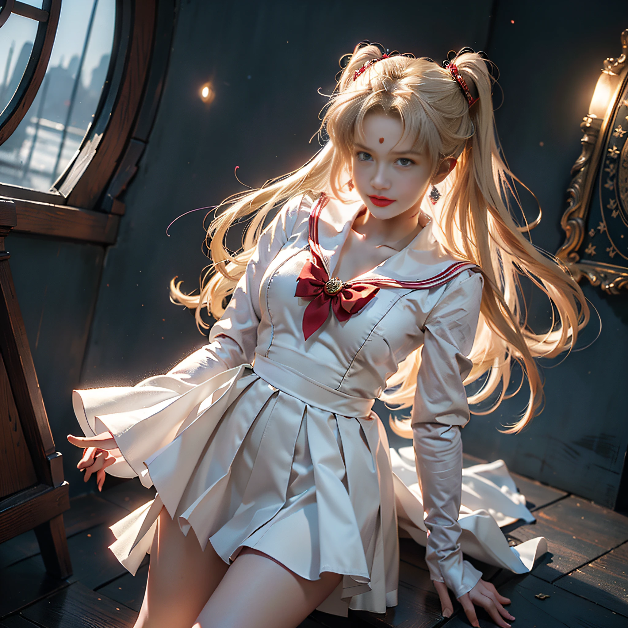 (Extreme Detail CG Unity 8K wallpaper, masterpiece, highest quality), (exquisite lighting and shadow, highly dramatic picture, Cinematic lens effect), (Sailor Moon: 1.1), charming smile, two-tailed hair, blue eyes, blonde hair, tight top, red shawl, red bow, white gloves, mini skirt, dynamic pose), the background is the universe (excellent detail, excellent lighting, wide angle), (excellent rendering, enough to stand out in its class),