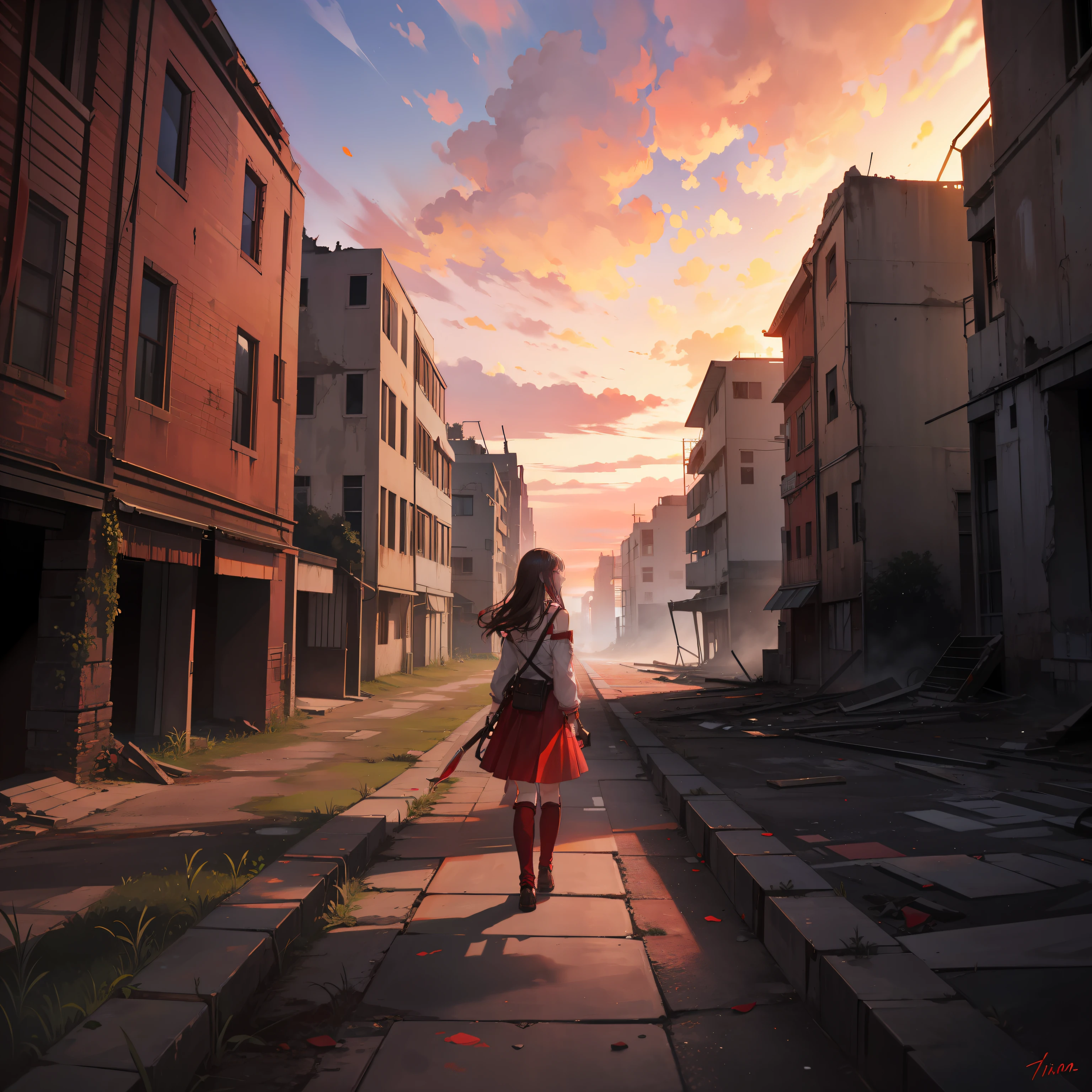 The sky is covered with red sunsets，The brunette girl turned her back to the picture，Slash the knife on both shoulders，Embark on a journey through the ruins alone，Ruined buildings around，Covered with plants，Abandoned cities。