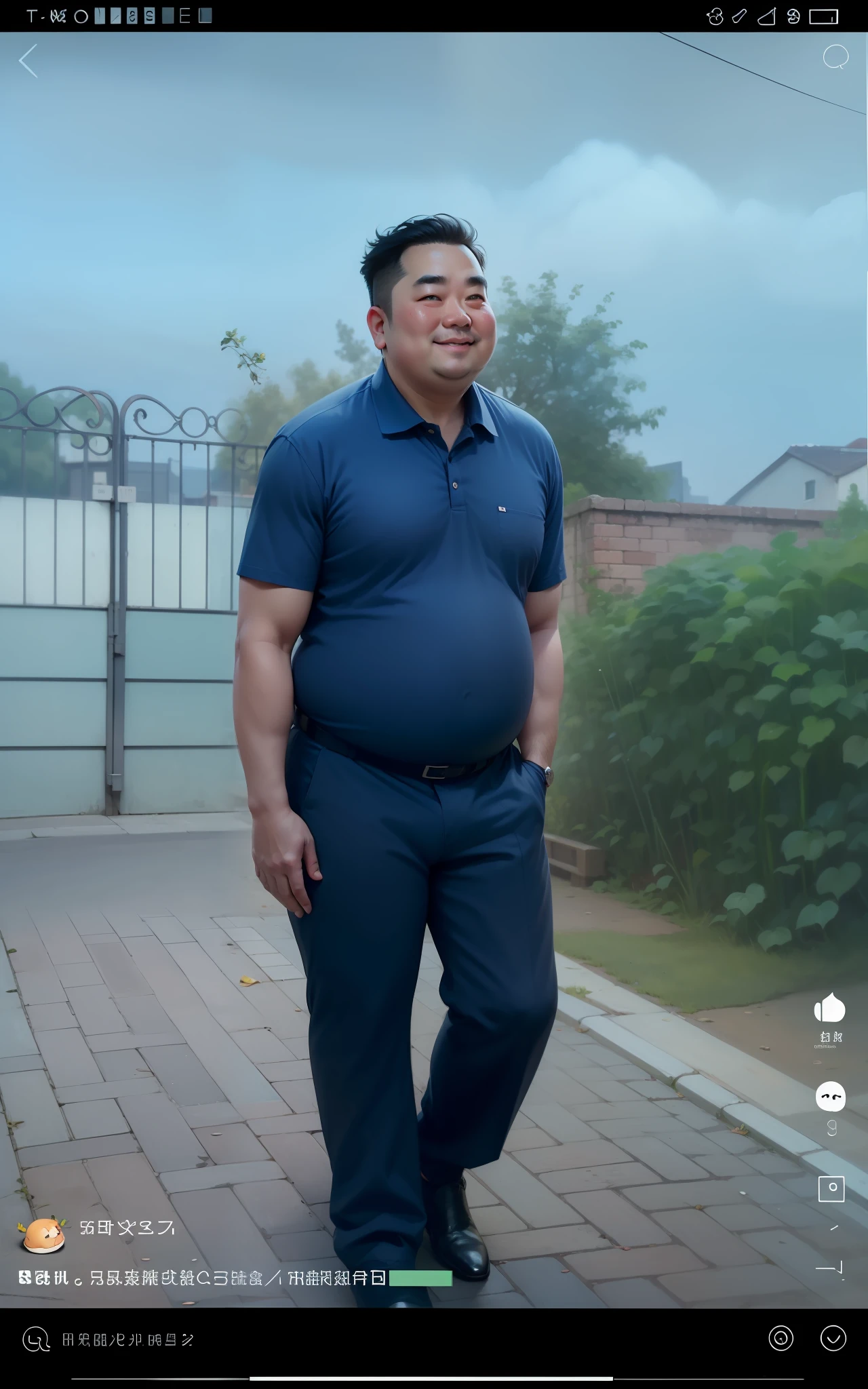 Fat uncle，with a round face，short detailed hair，potbelly，with fair skin，ssmile，The background is idyllic